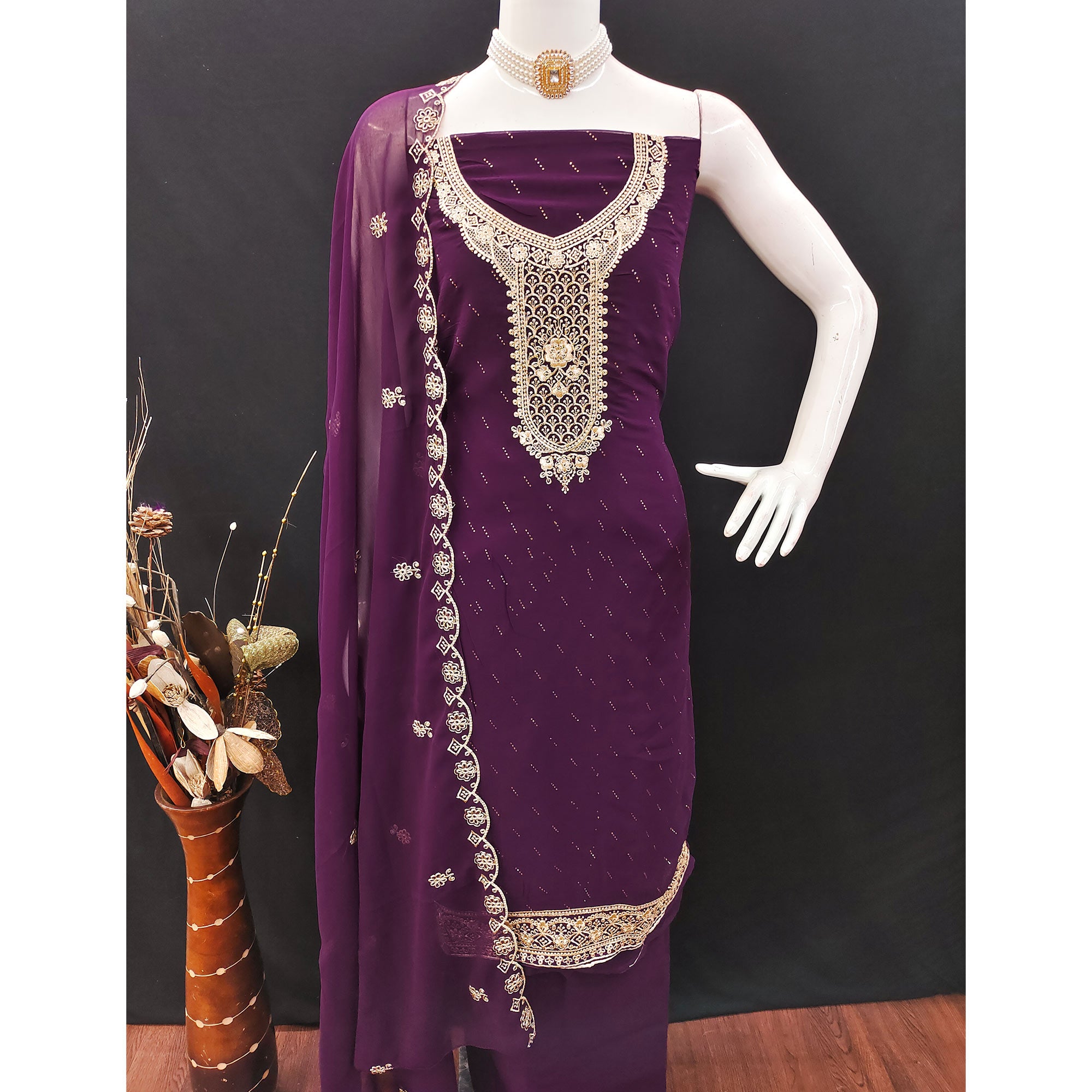 Wine Floral Embroidered With Swarovski Work Georgette Dress Material
