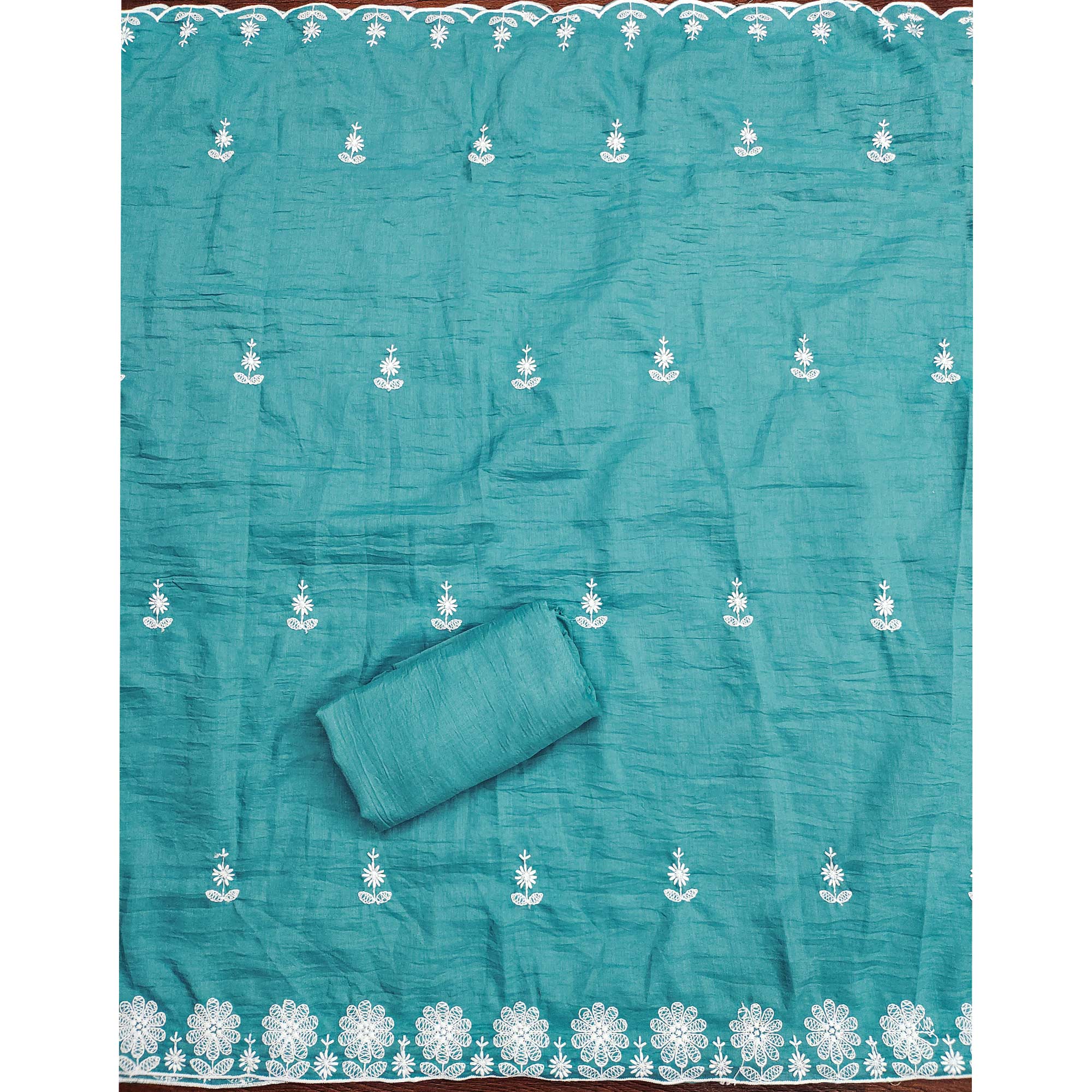 Blue Floral Embroidered Art Silk Dress Material