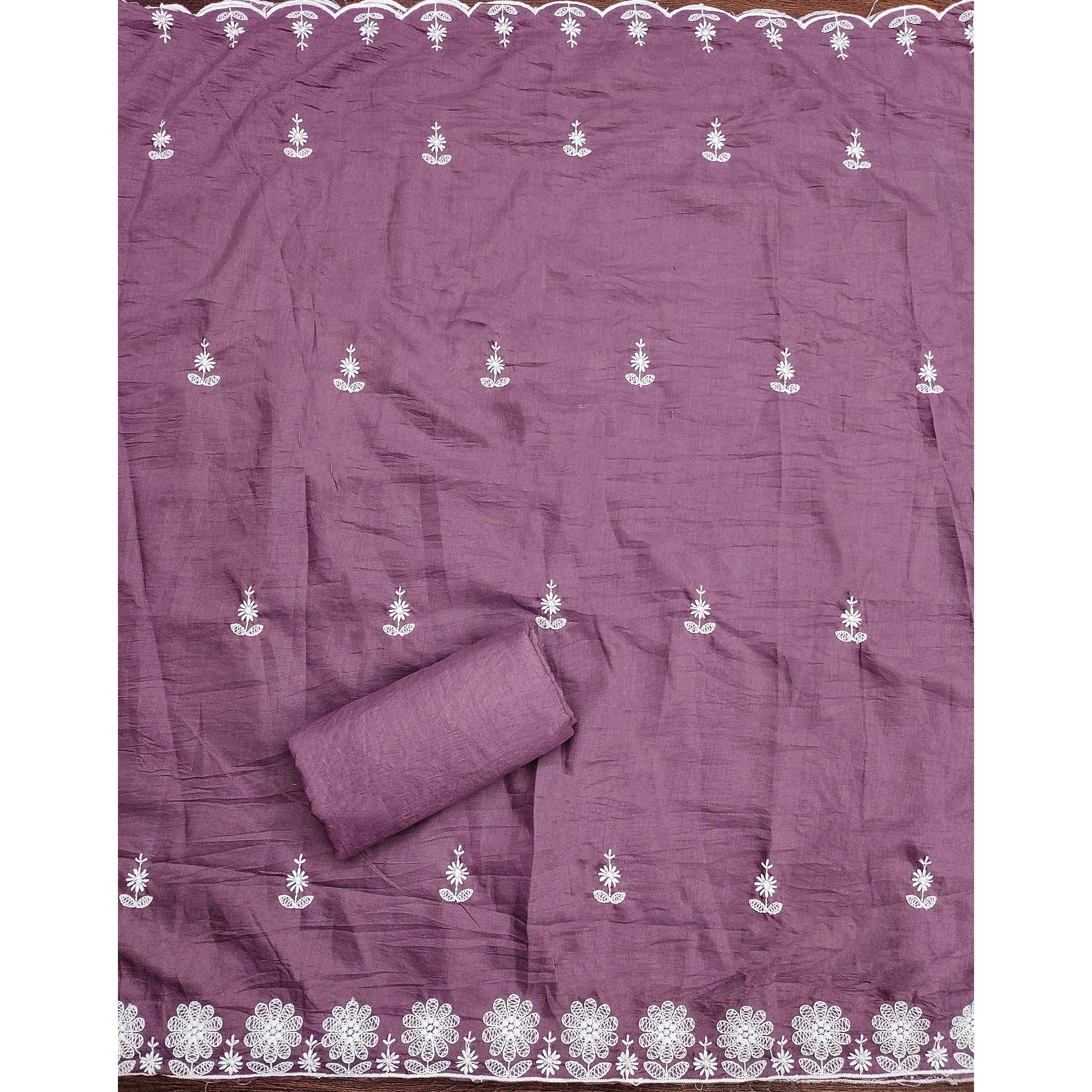 Dark Mauve Floral Embroidered Art Silk Dress Material