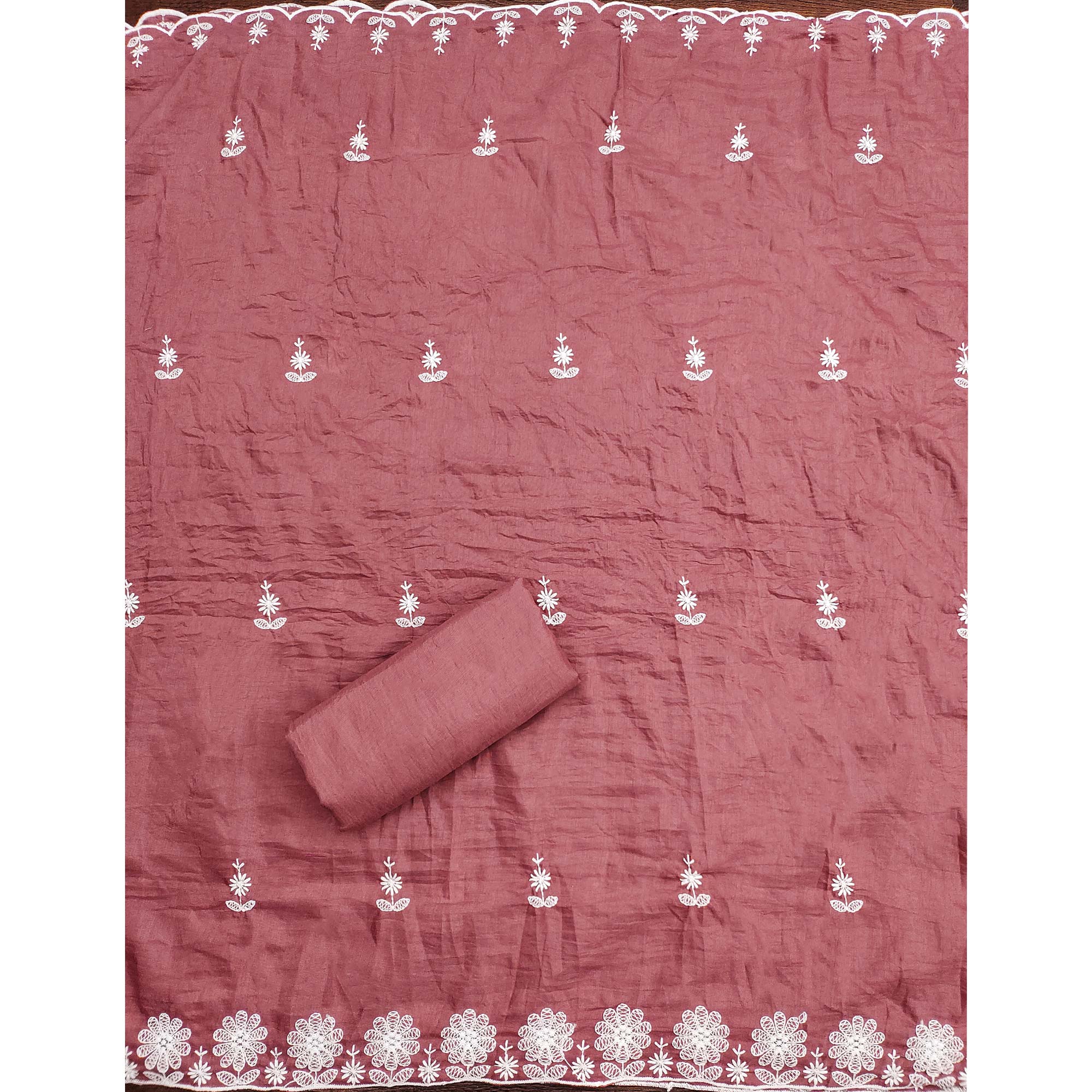 Dusty Rose Pink Floral Embroidered Art Silk Dress Material