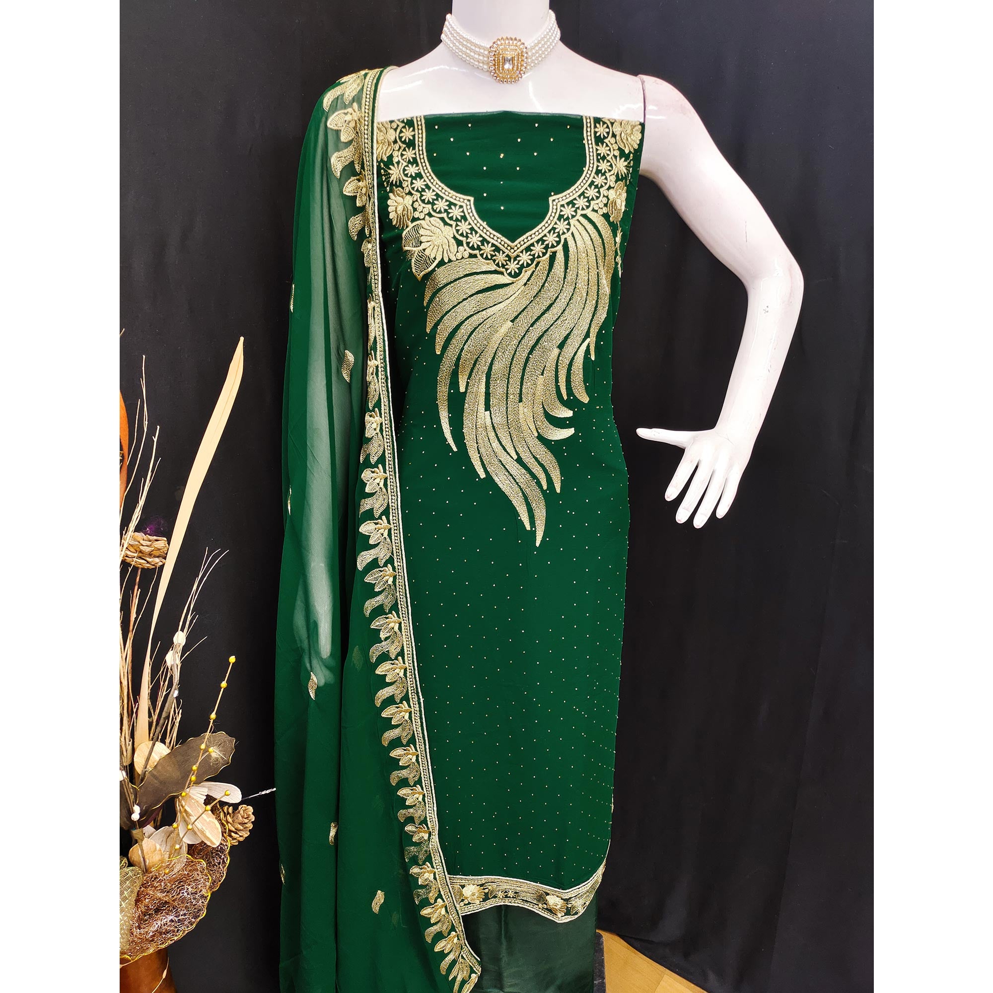 Drape Yourself In Luxury Green Floral Embroidery With Stone Work Georgette Dress Material