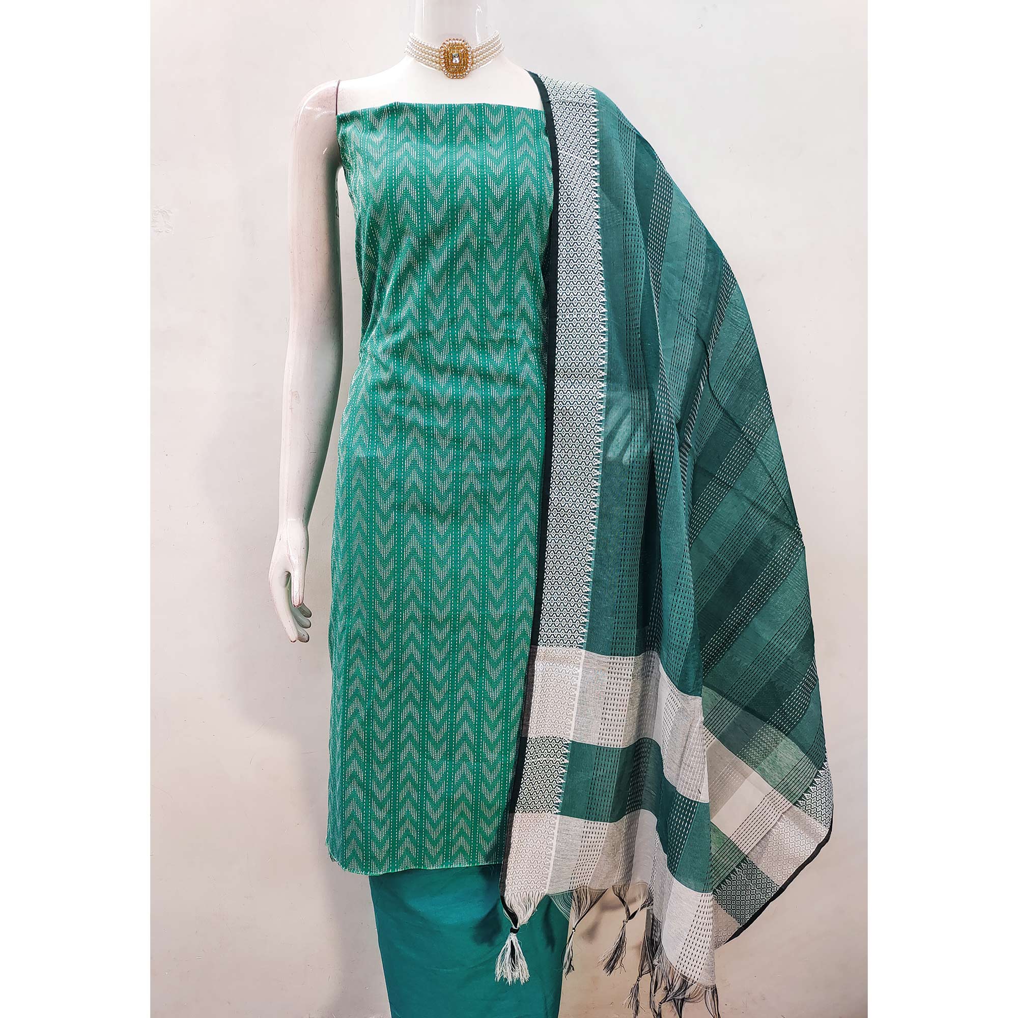 The Perfect Blend Of Grace Rama Green Chevron Woven Pattern Cotton Blend Dress Material