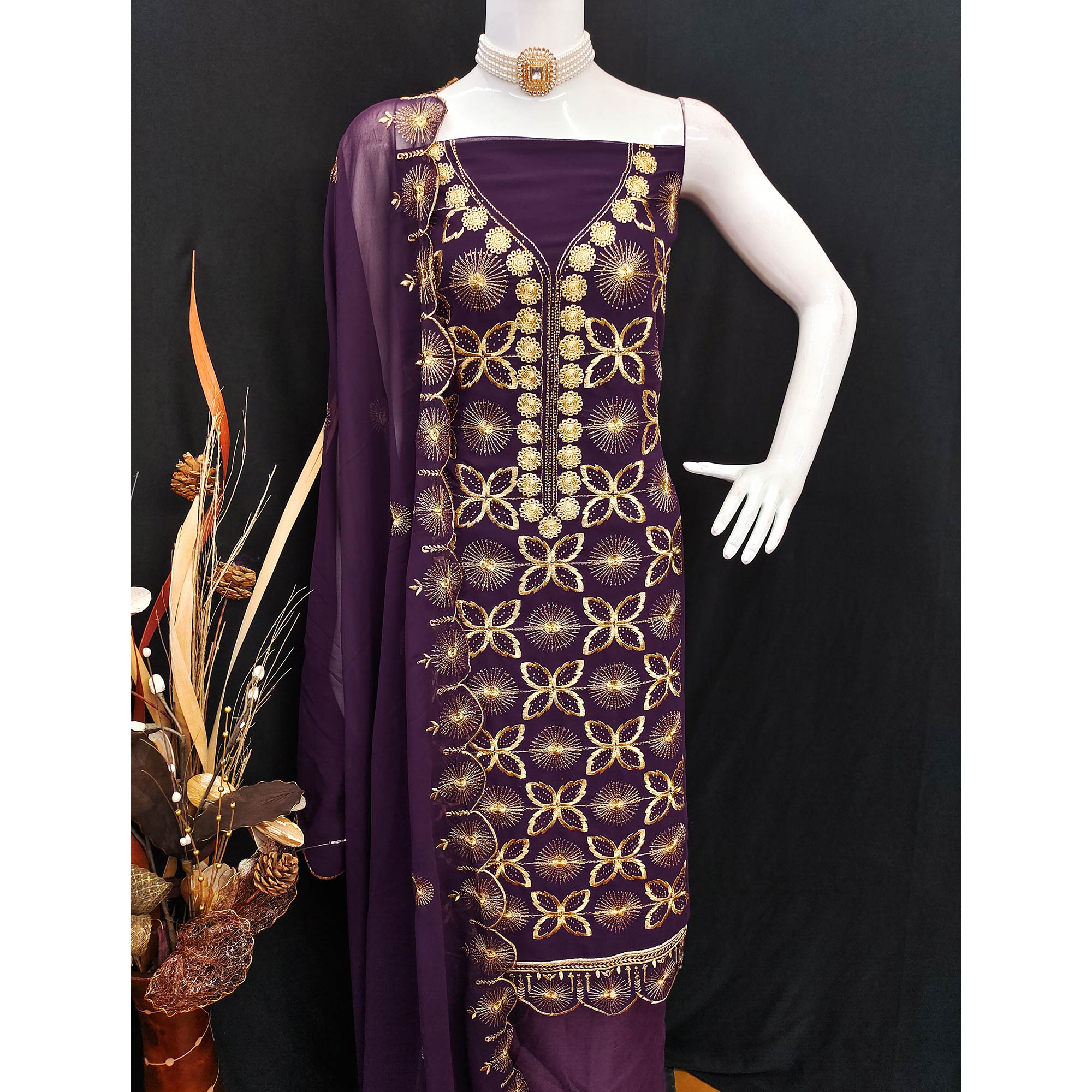 Wine Georgette Dress Material Featuring Delicate Floral Zari Embroidery