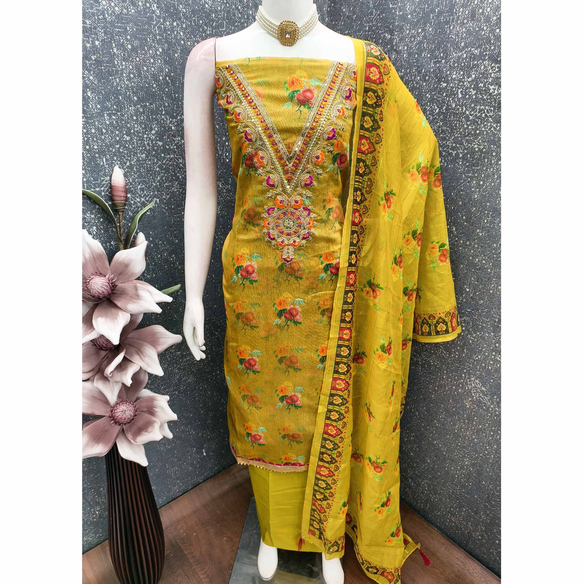 Mustard Floral Digital Print Dress Material With Sequins & Cording Embroidery On Chanderi Silk