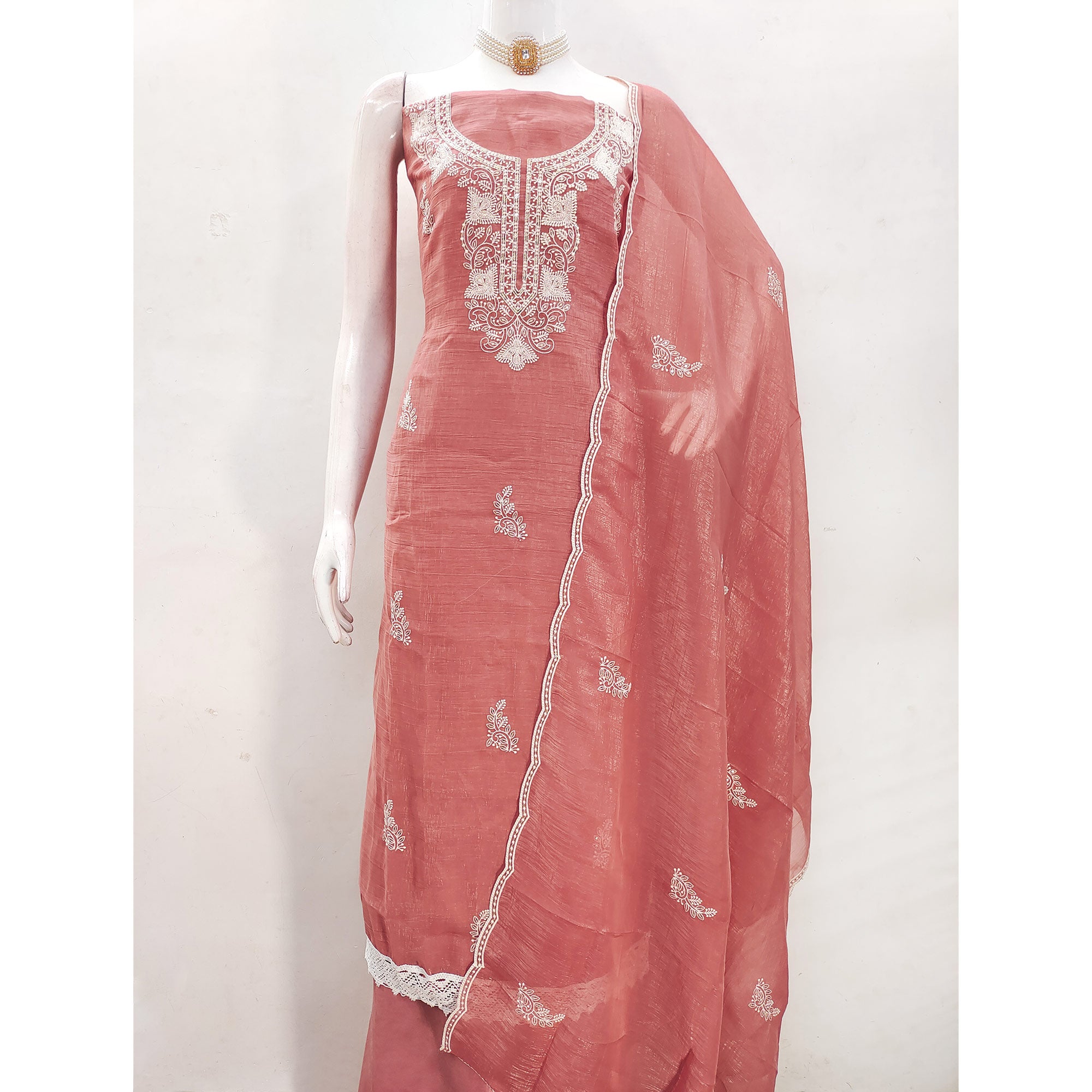 Peach Georgette Crunchy Silk Dress Material with Elegant Floral Thread Embroidery & Sequins Work