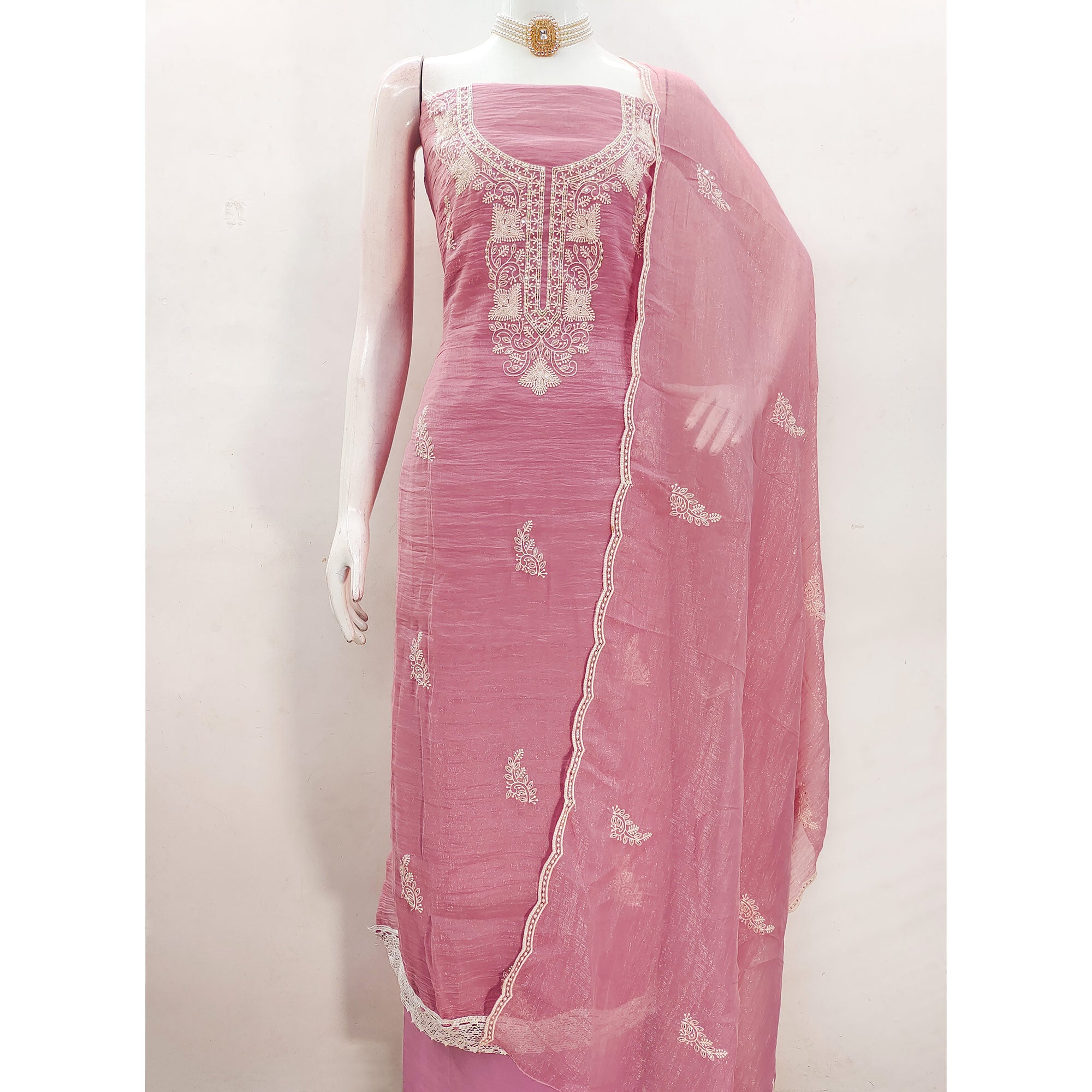 Pink Georgette Crunchy Silk Dress Material with Elegant Floral Thread Embroidery & Sequins Work