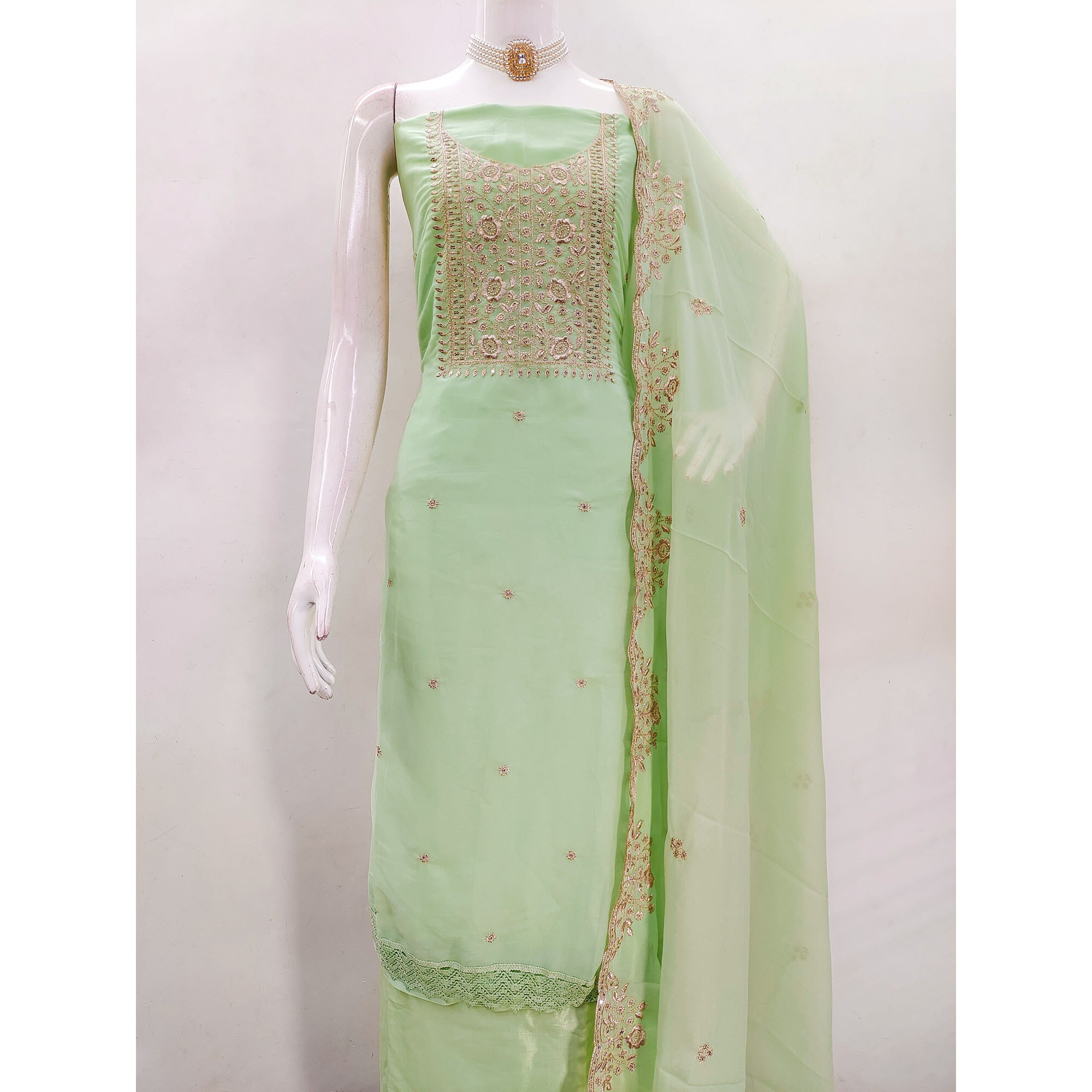Green Georgette Dress Material With Intricate Floral Zari Embroidery & Sequins Work