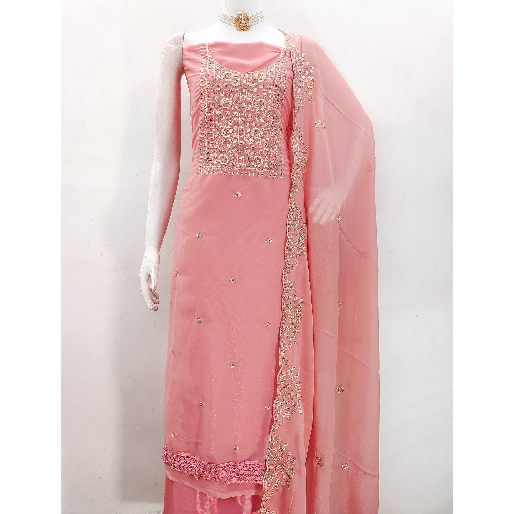 Peach Georgette Dress Material With Intricate Floral Zari Embroidery & Sequins Work