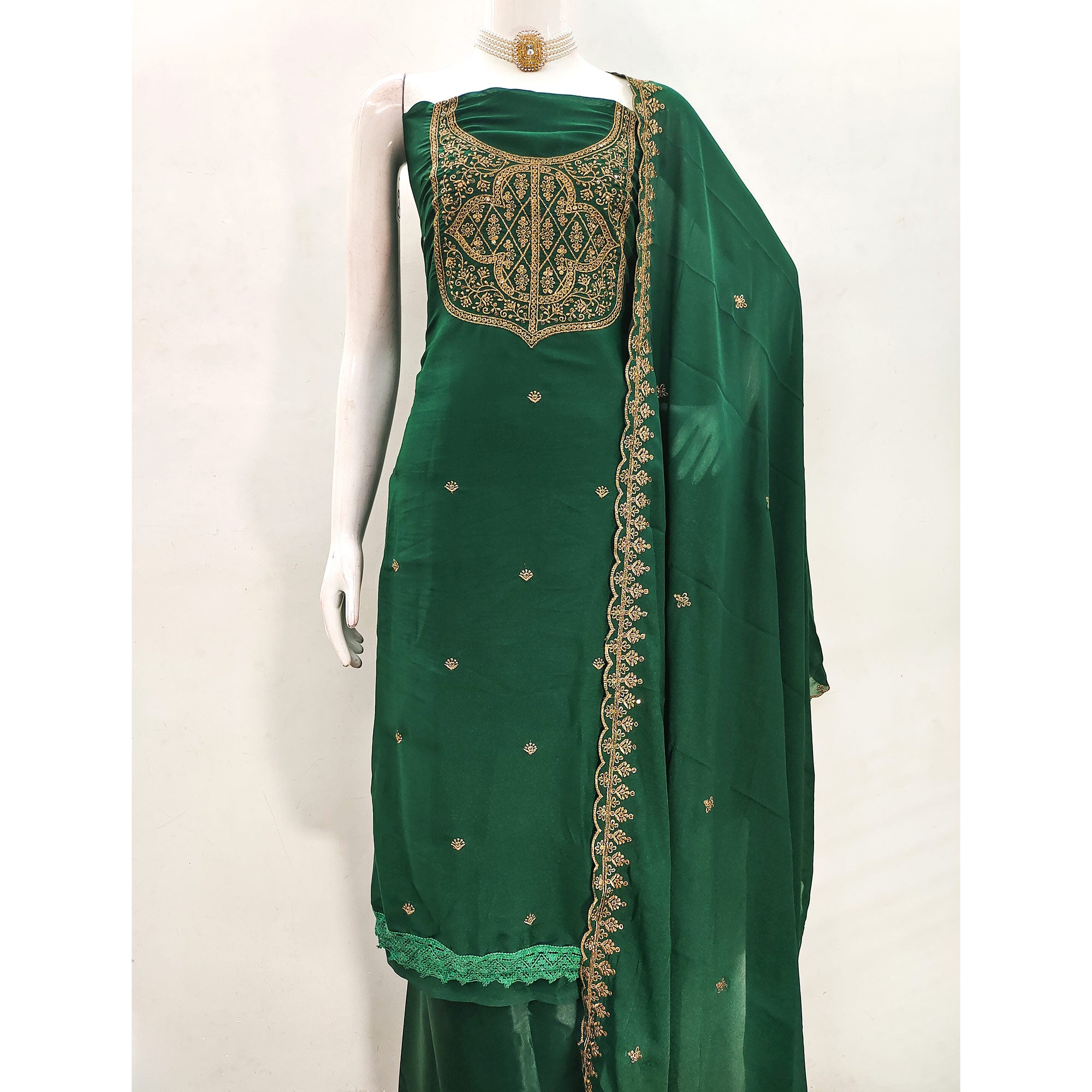 Green Georgette Dress Material With Sparkling Sequins & Zari Floral Embroidery