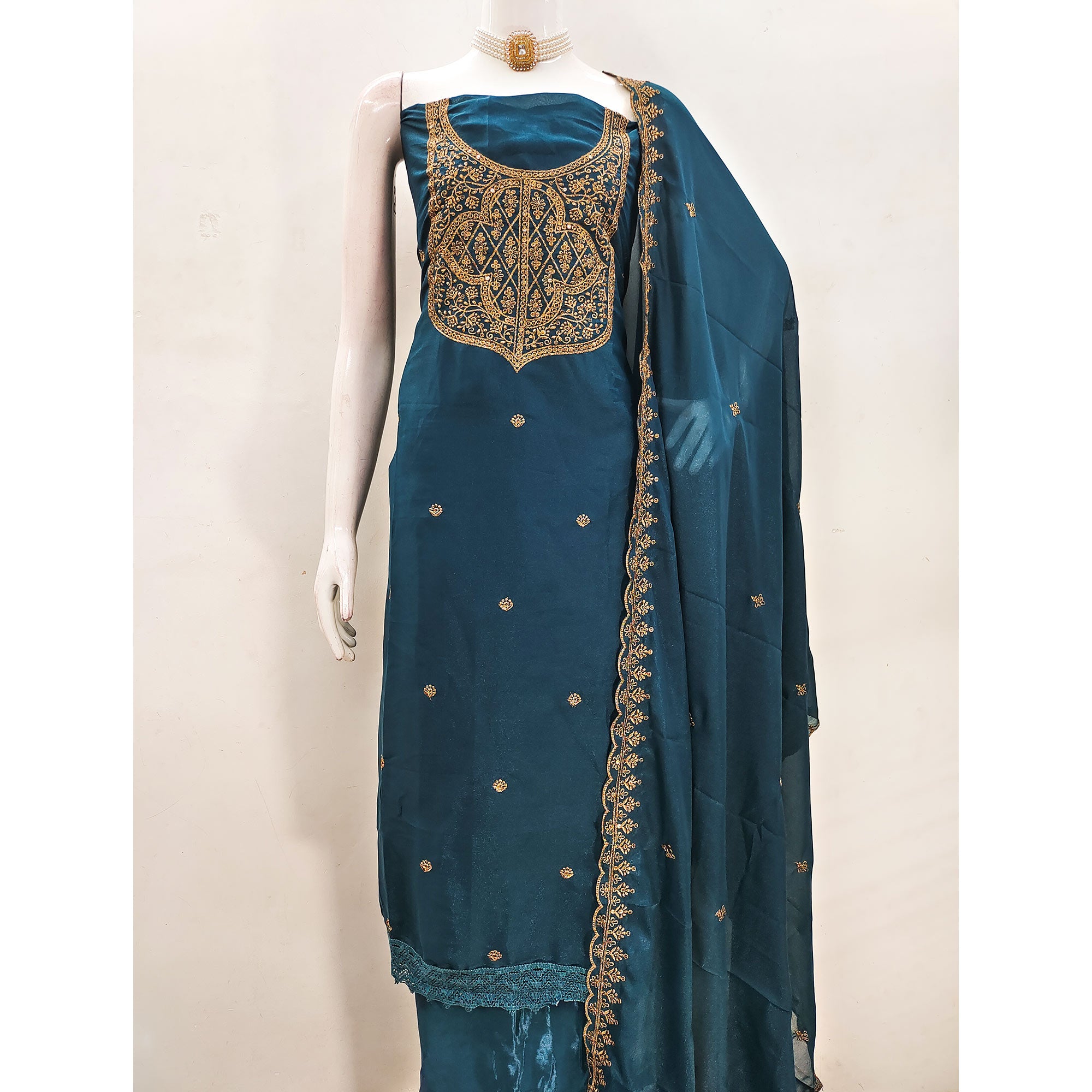 Morpich Blue Georgette Dress Material With Sparkling Sequins & Zari Floral Embroidery