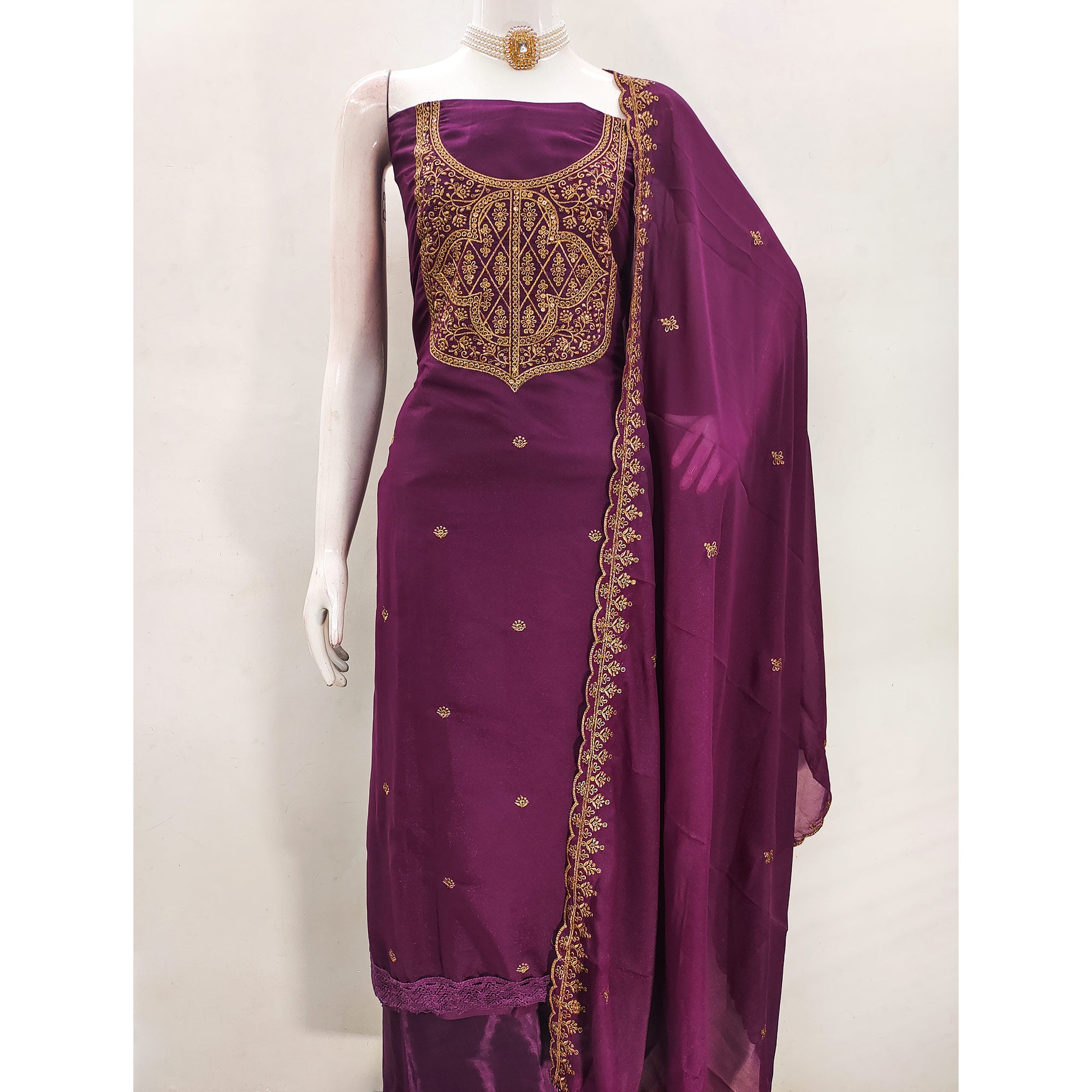 Wine Georgette Dress Material With Sparkling Sequins & Zari Floral Embroidery