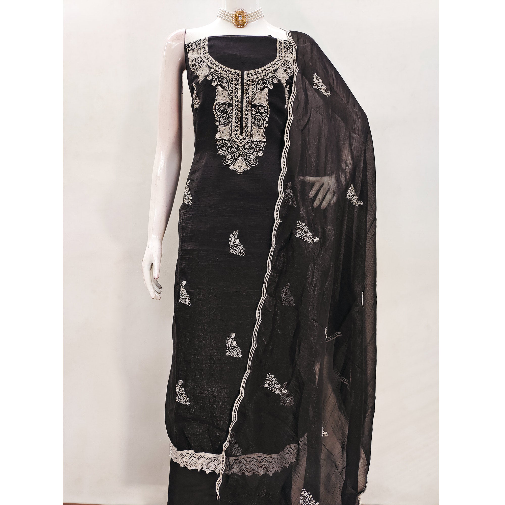 Black Dress Material With Threaded Floral Embroidery & Sequins on Crunchy Silk Georgette