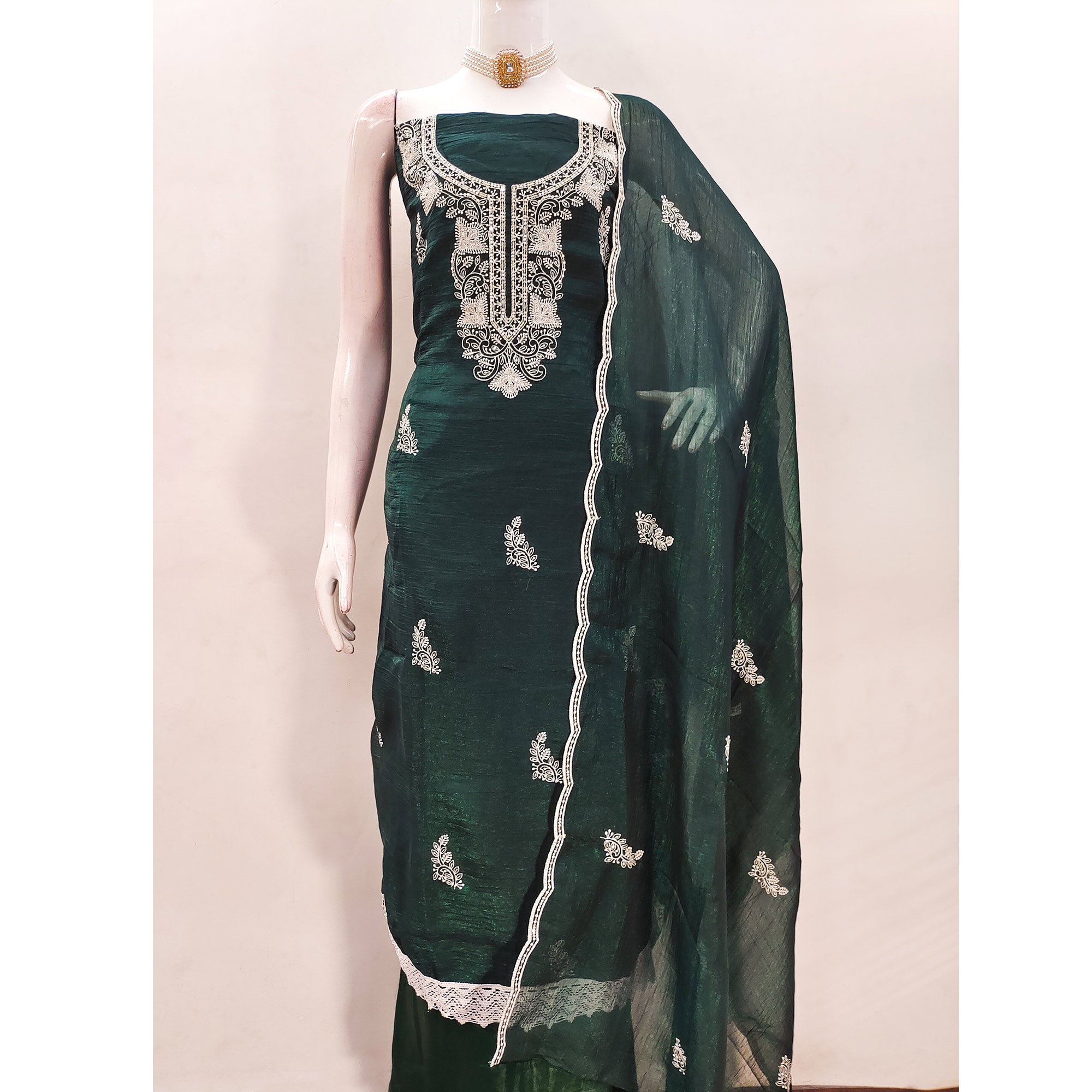 Bottle Green Dress Material With Threaded Floral Embroidery & Sequins on Crunchy Silk Georgette