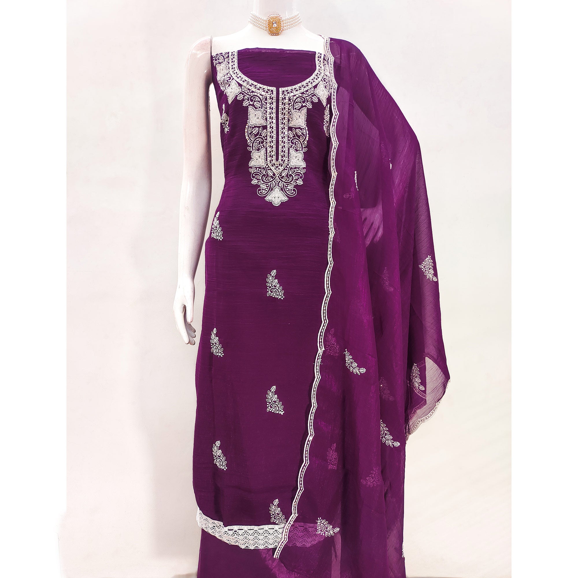 Wine Dress Material With Threaded Floral Embroidery & Sequins on Crunchy Silk Georgette