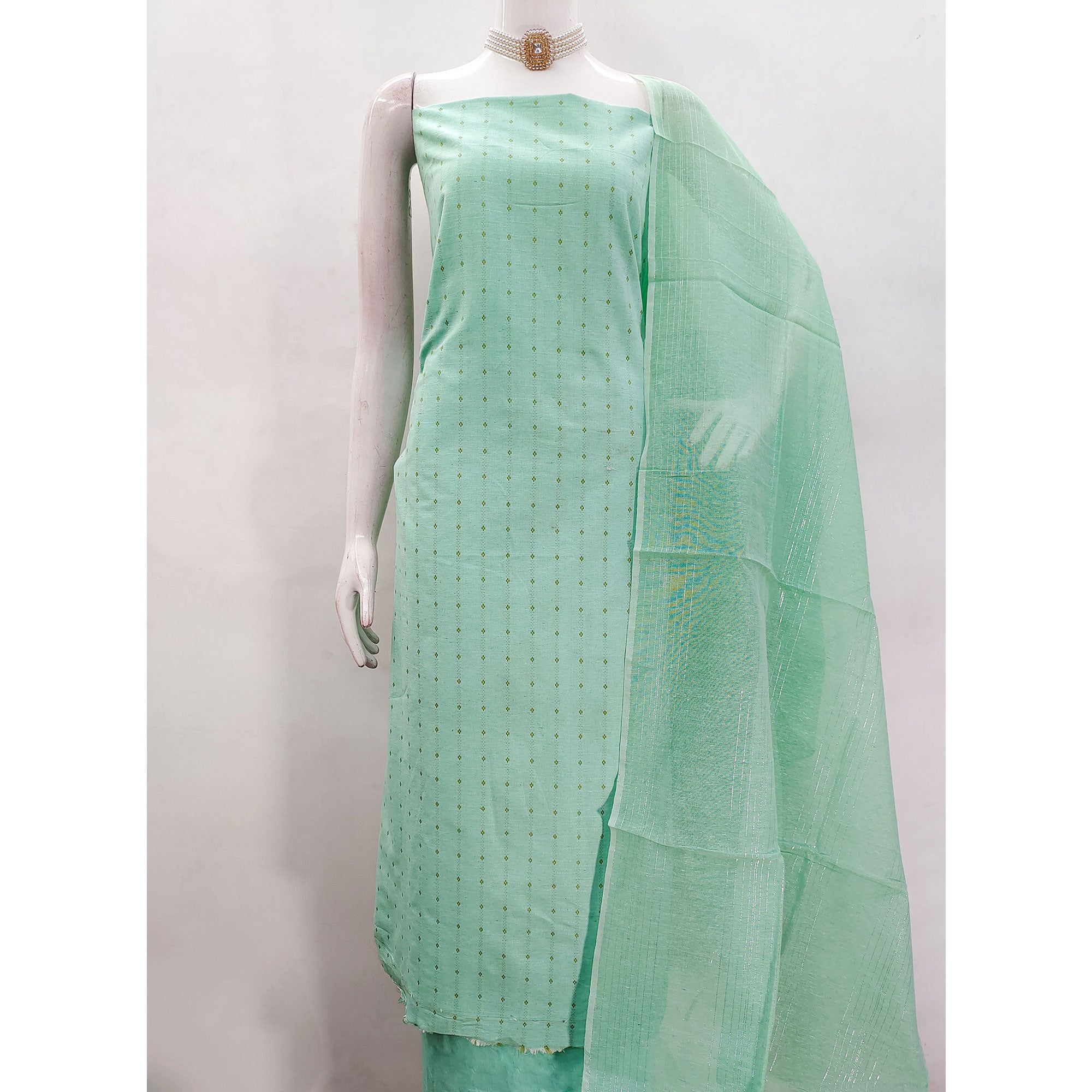 Graceful Turquoise Woven Poly Cotton Blend Dress Material