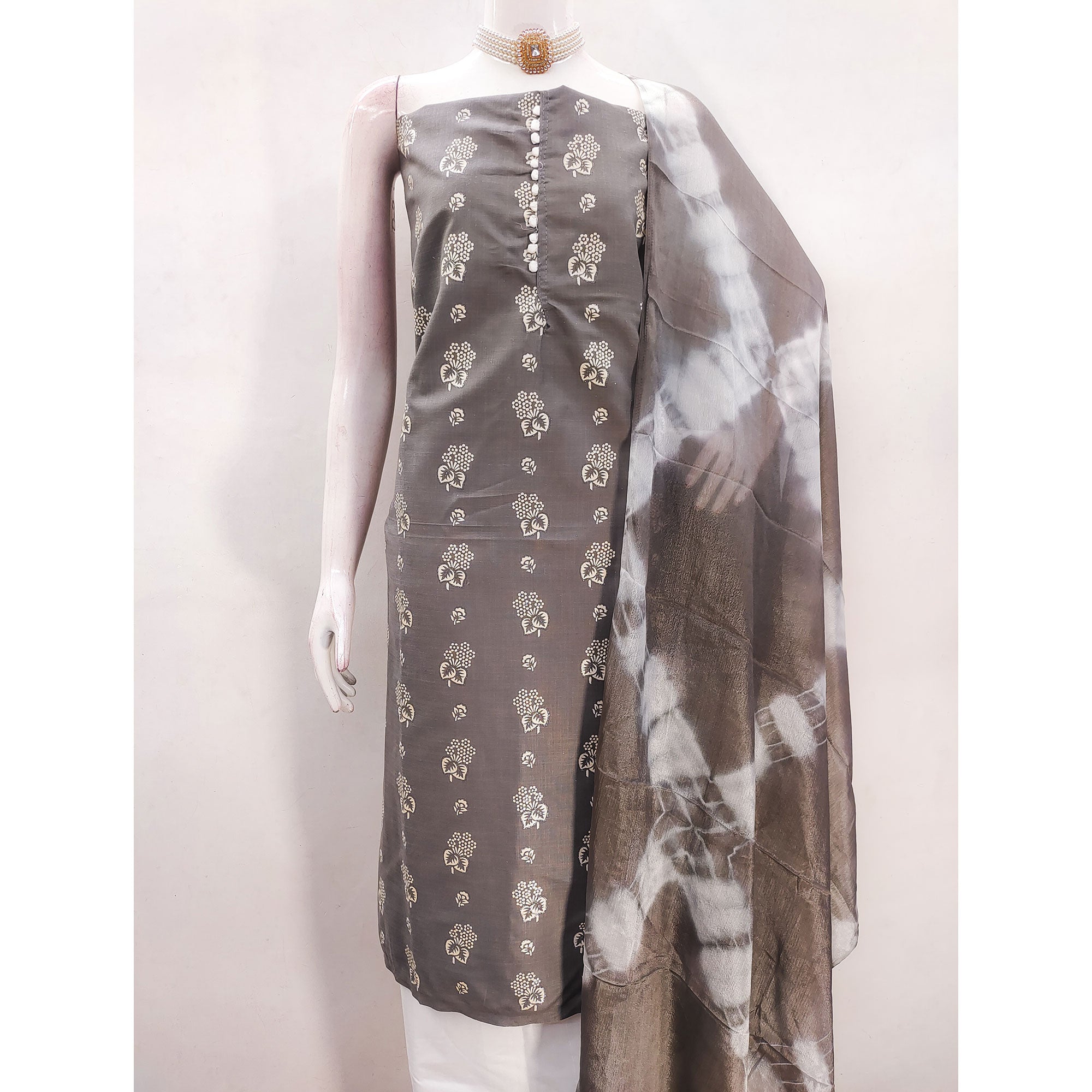 Sophisticated Grey Floral Printed Cotton Blend Dress Material
