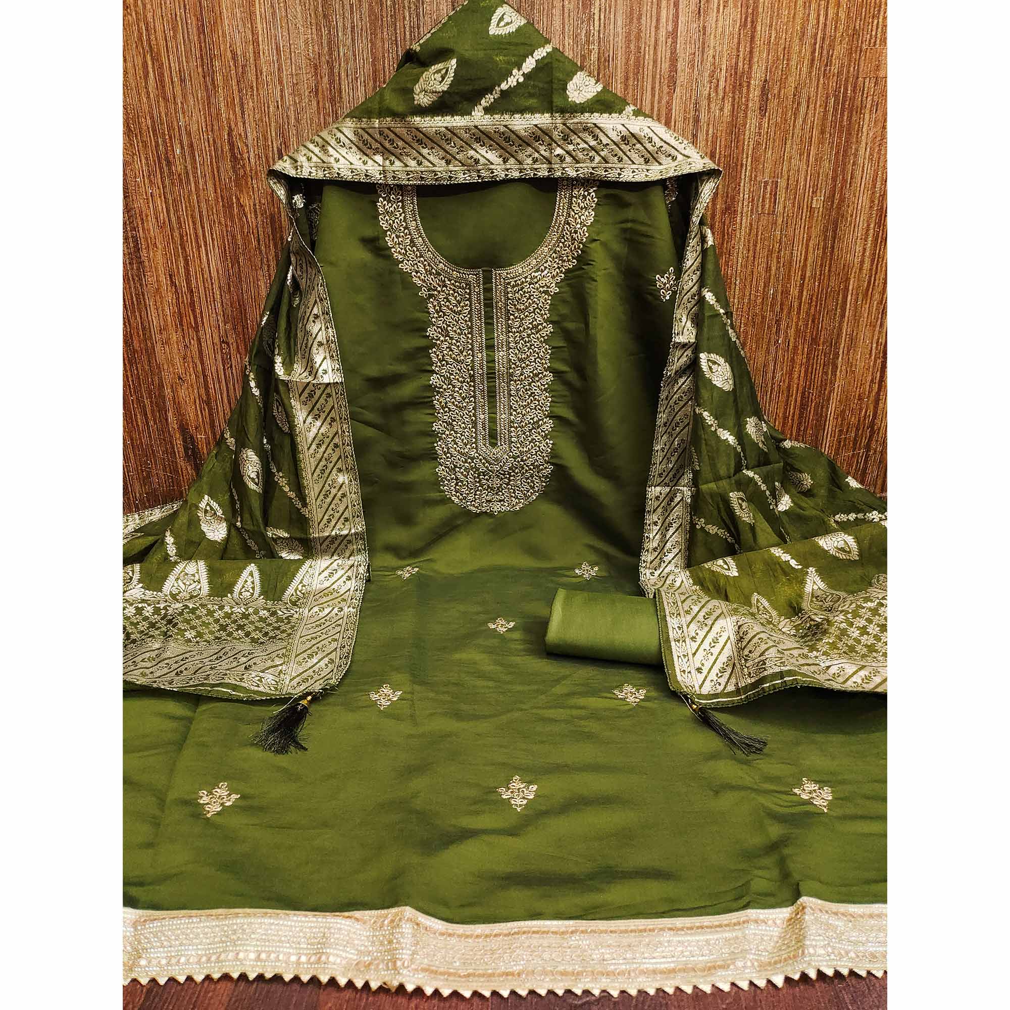 Green Roman Chanderi Silk Dress Material With Elegant Floral & Cording Embroidery Work