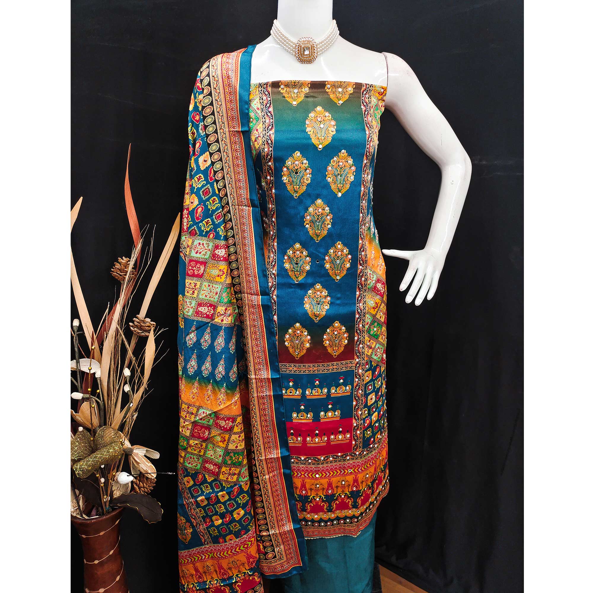 Blue Chinon Dress Material With Reflective Mirror Work & Floral Prints