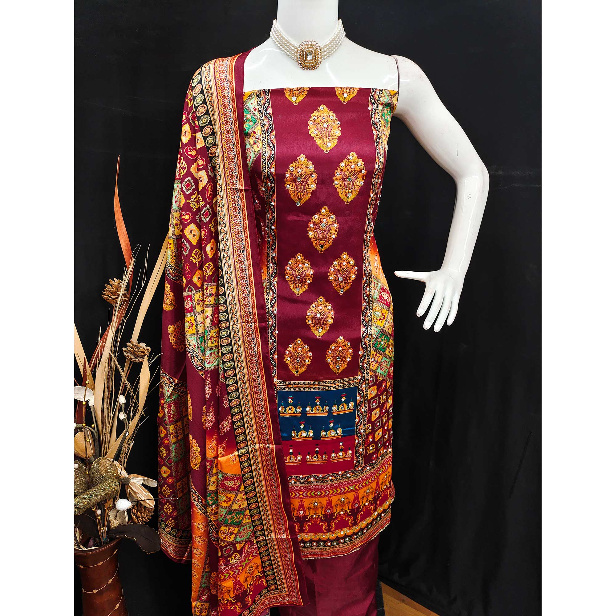 Maroon Chinon Dress Material With Reflective Mirror Work & Floral Prints