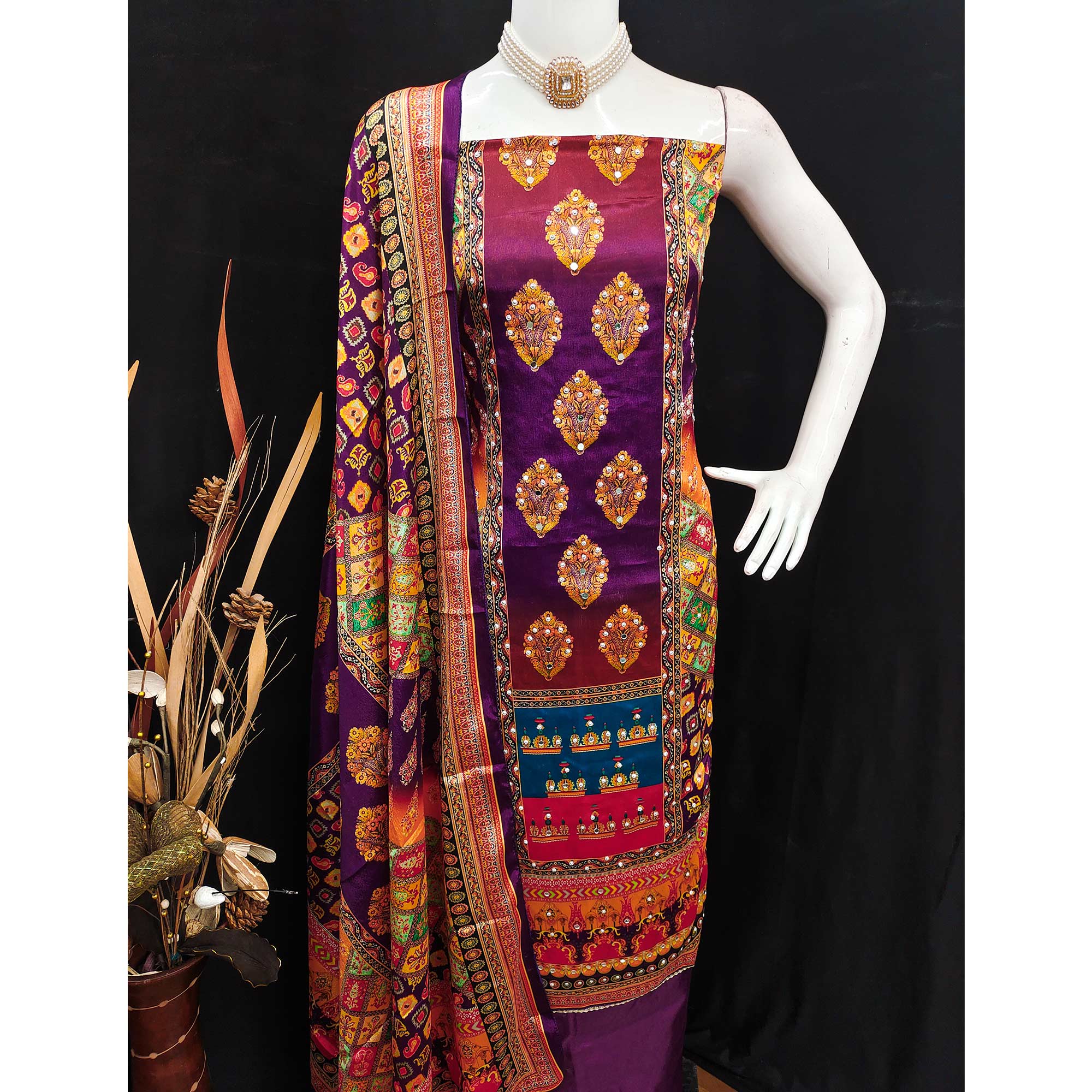 Purple Chinon Dress Material With Reflective Mirror Work & Floral Prints