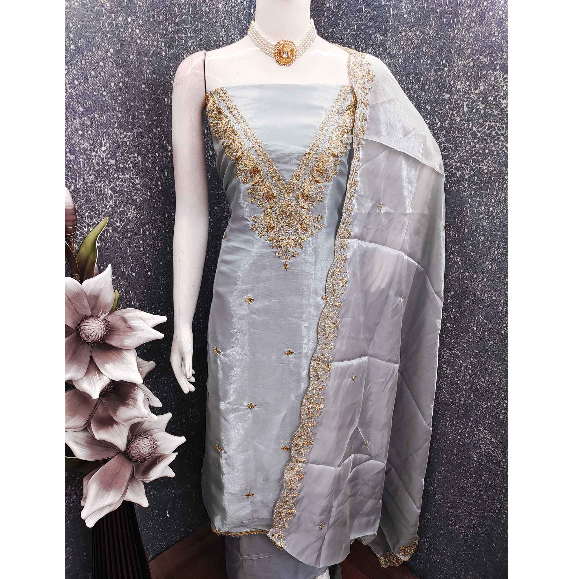 Grey Organza Dress Material With Elegant Thread Embroidery