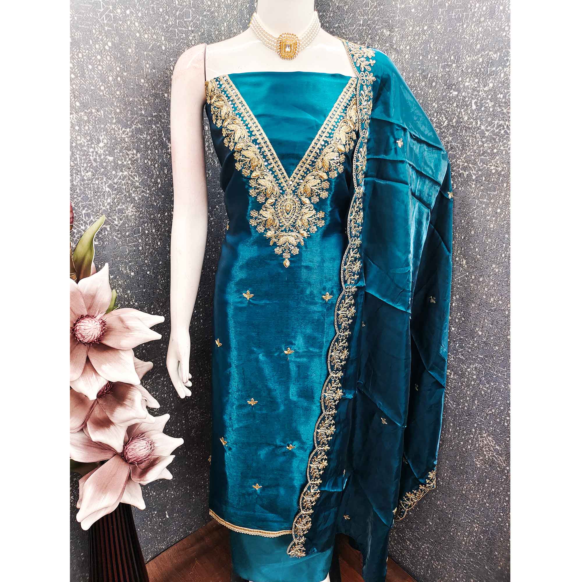 Morpich Blue Organza Dress Material With Elegant Thread Embroidery