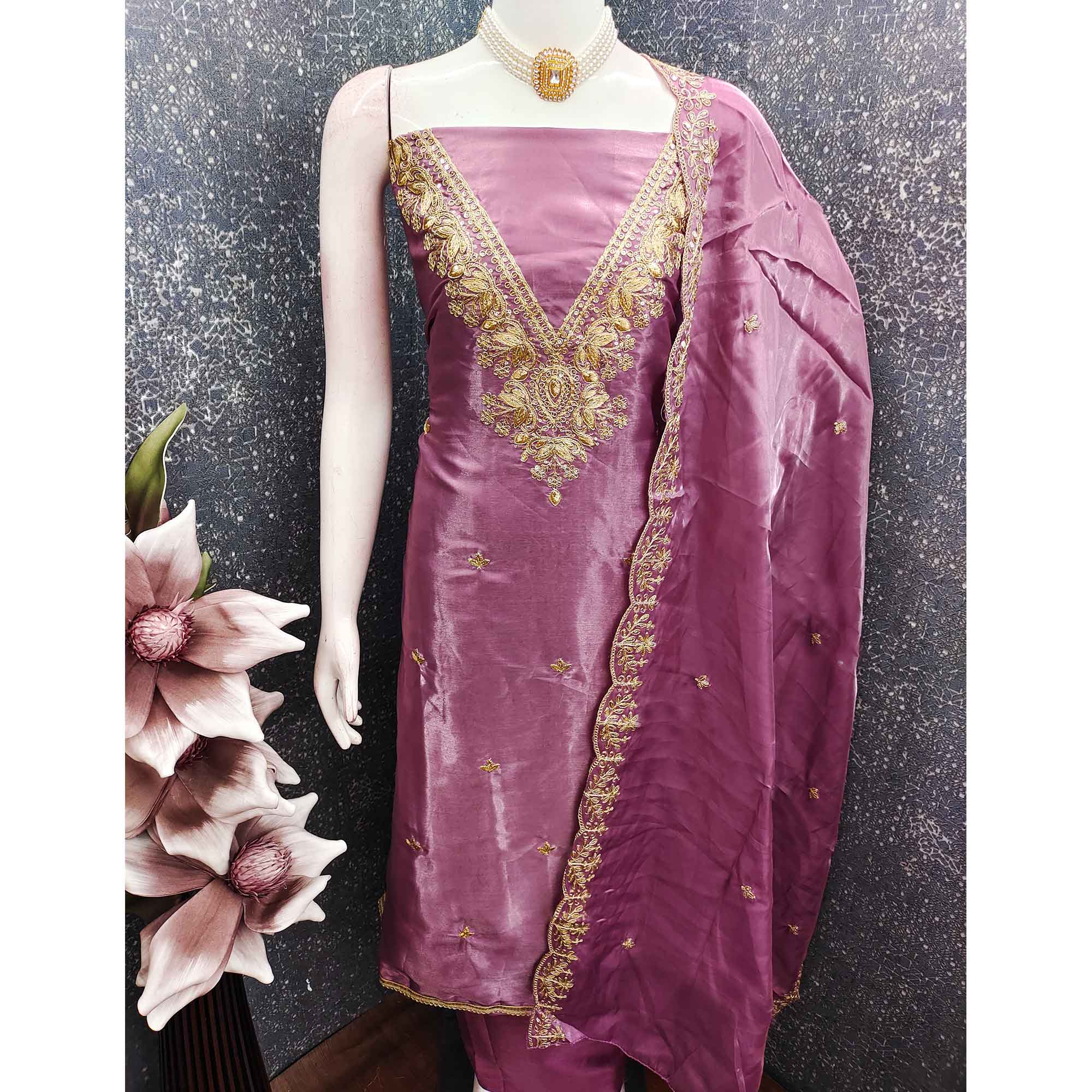 Onion Pink Organza Dress Material With Elegant Thread Embroidery