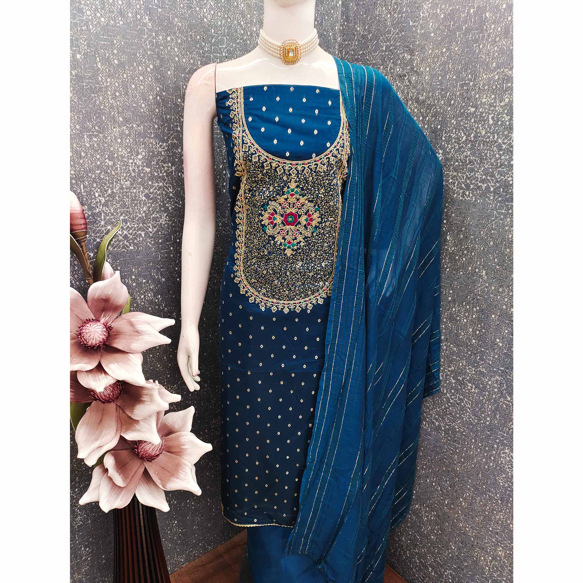 Morpich Blue Floral Butti Jacquard Chanderi Silk Dress Material With Sparkling Sequins Embroidery