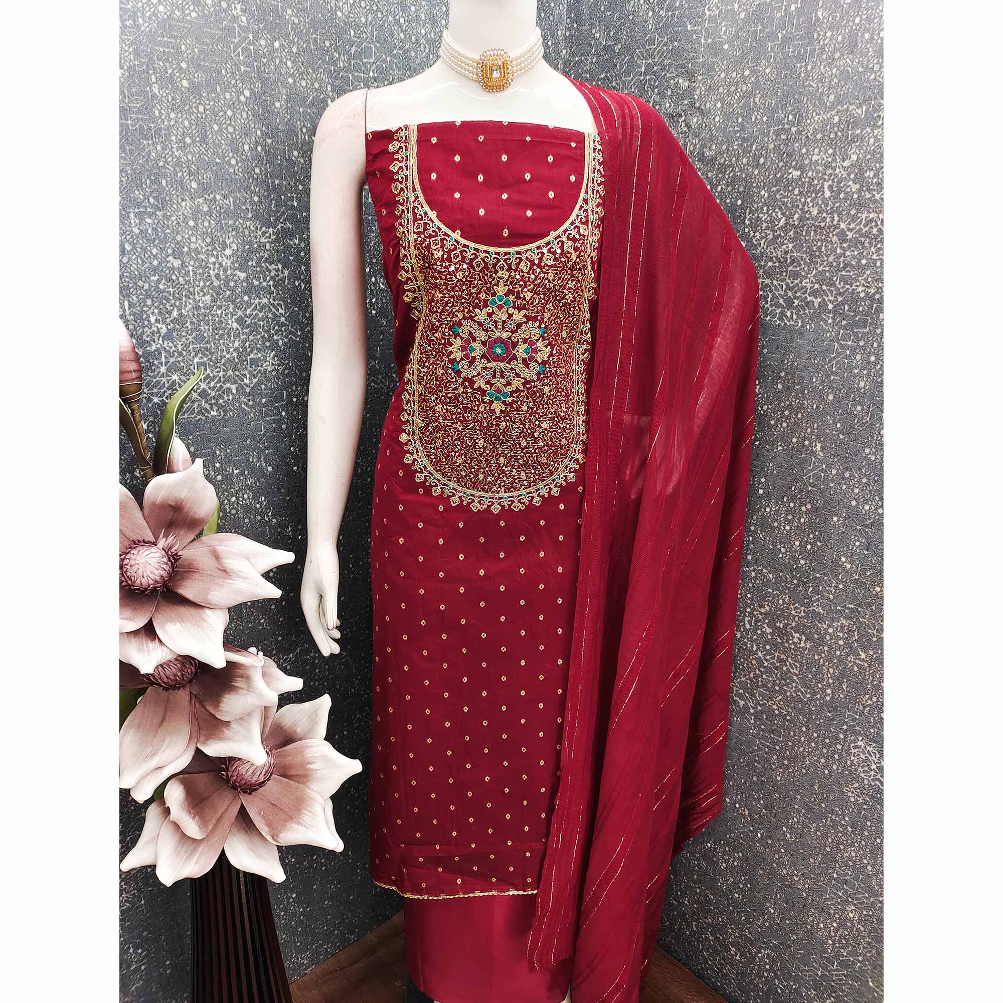Red Floral Butti Jacquard Chanderi Silk Dress Material Enhanced With Sparkling Sequins Embroidery