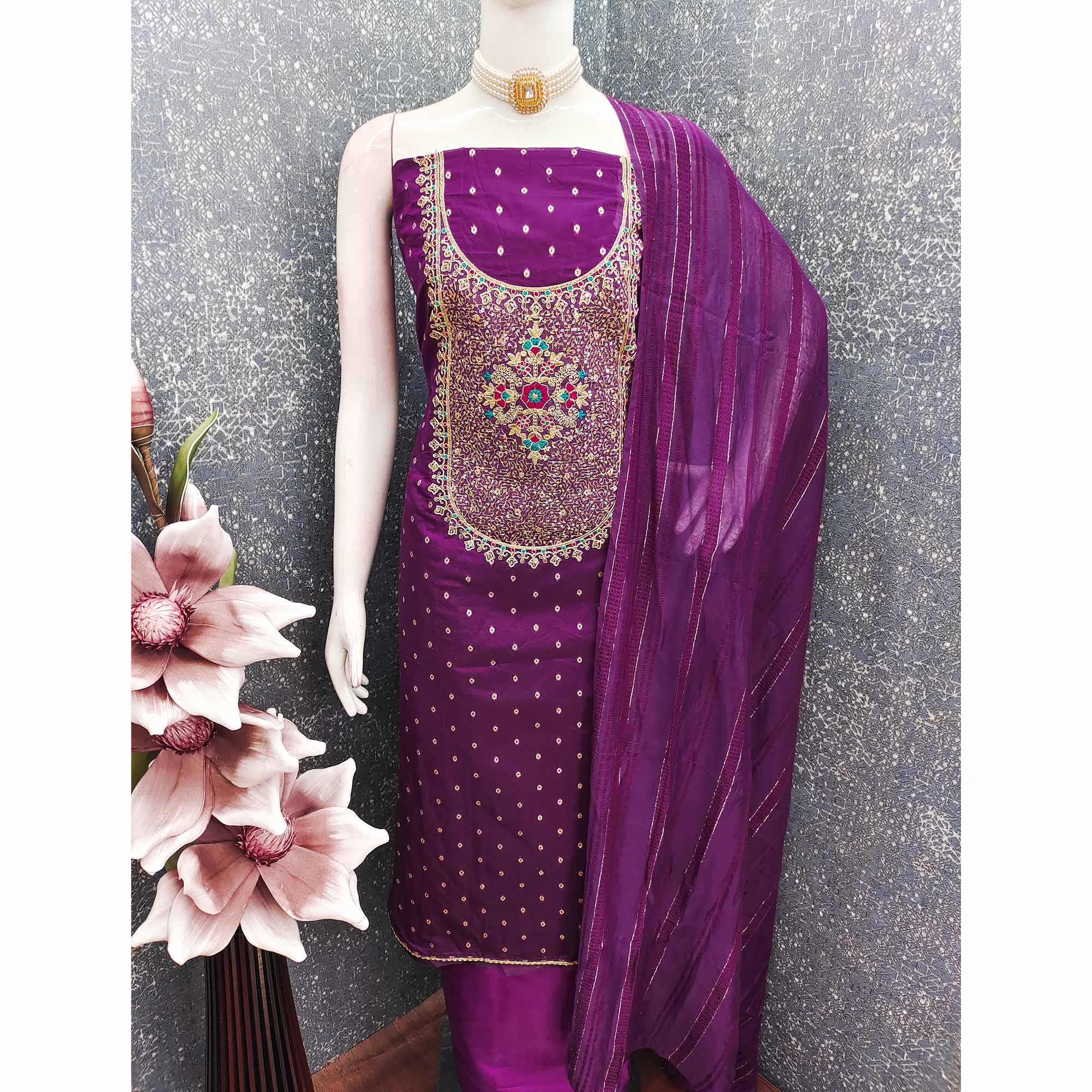Wine Floral Butti Jacquard Chanderi Silk Dress Material Enhanced With Sparkling Sequins Embroidery
