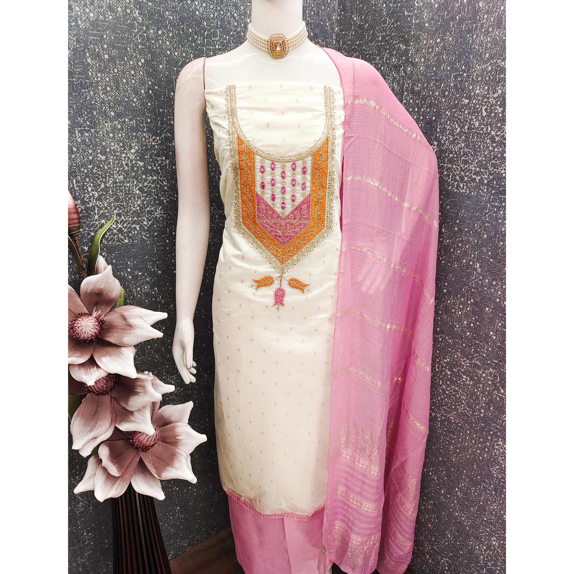 OffWhite & Pink Floral Cording & Sequins Embroidered With Butti Chanderi Silk Dress Material