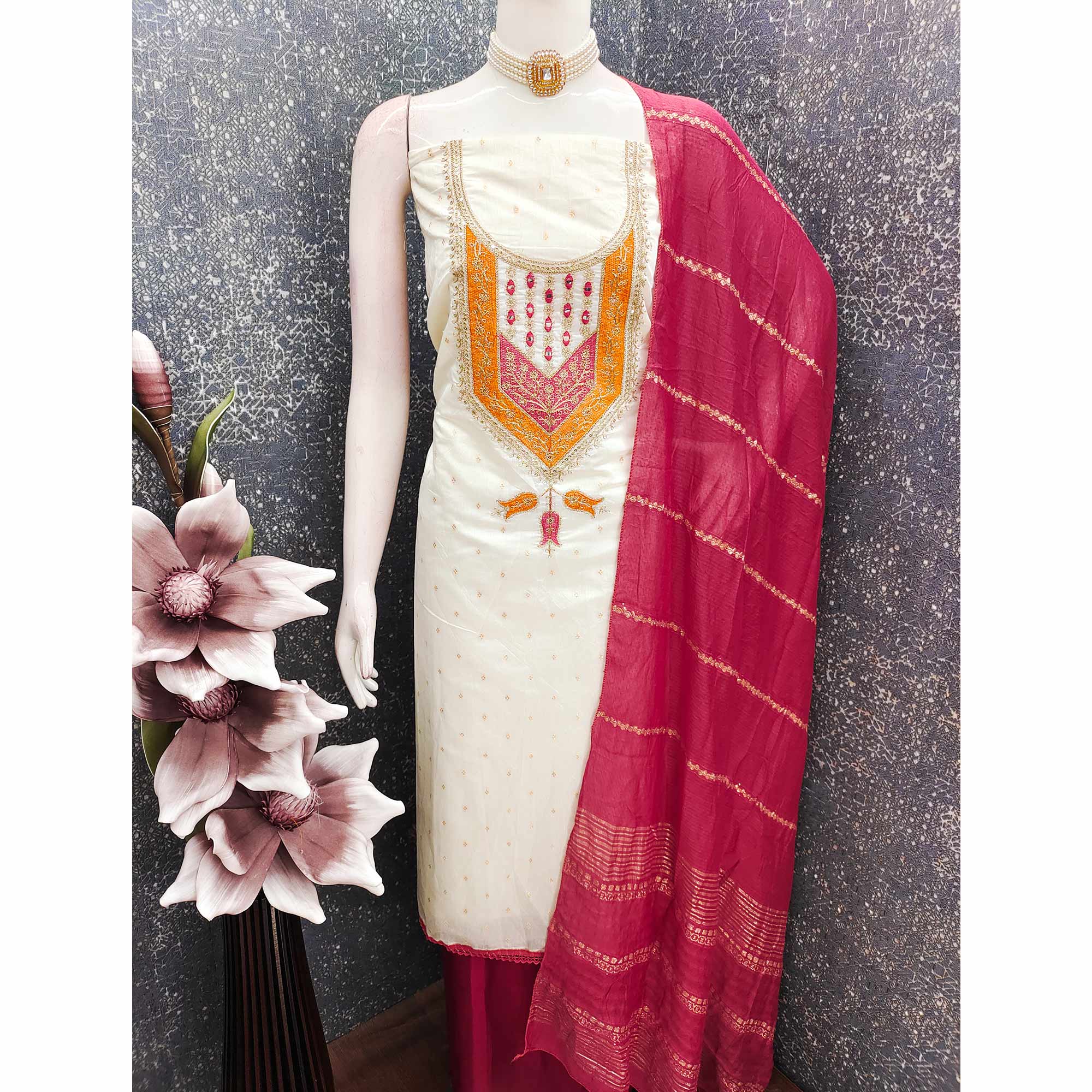 OffWhite & Cherry Red Floral Cording & Sequins Embroidered With Butti Chanderi Silk Dress Material