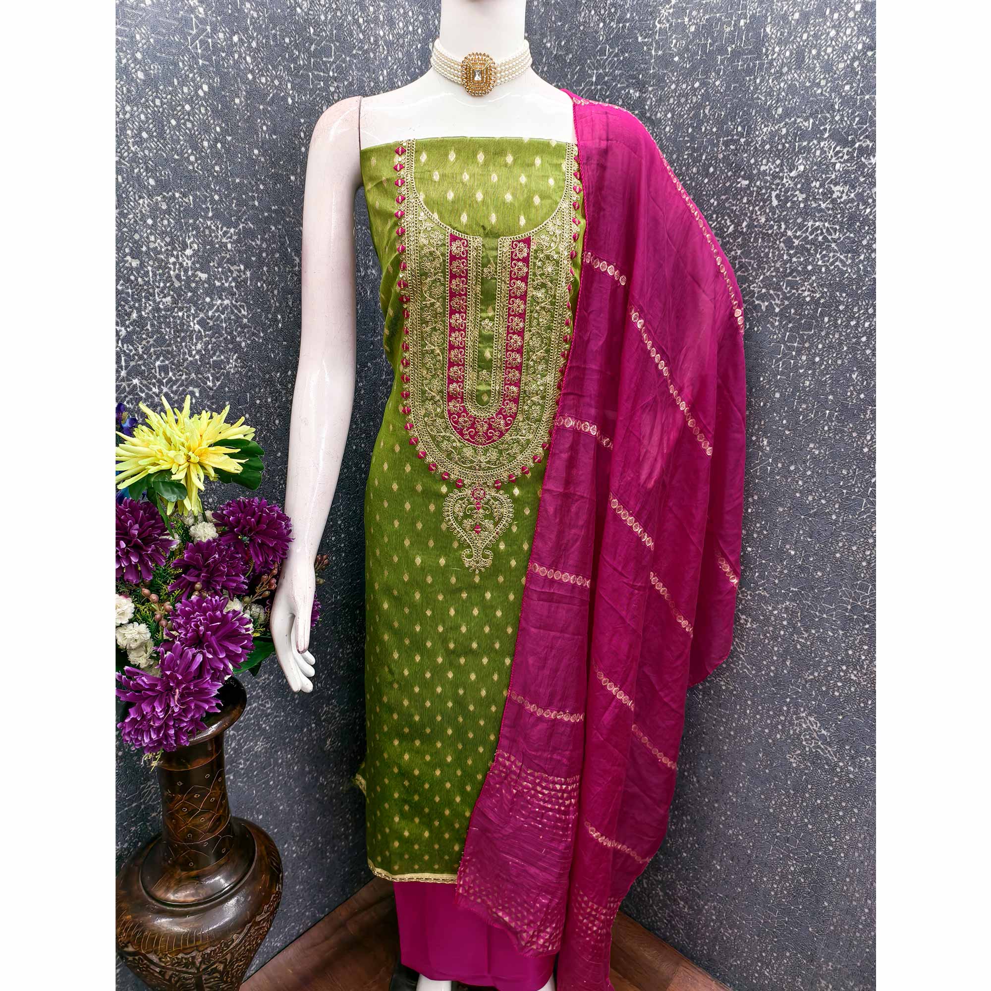 Green Butti Jacquard Shimmer Dress Material Enhanced With Sequins Cording Embroidery