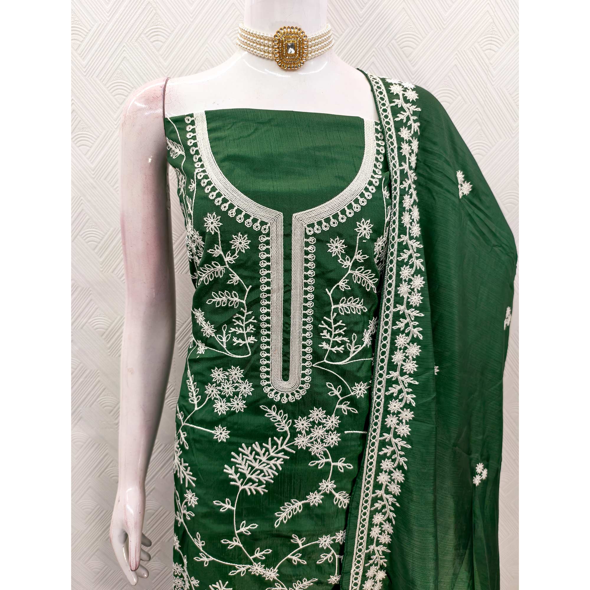 Green Art Silk Dress Material Adorned With Floral Thread Embroidery Work