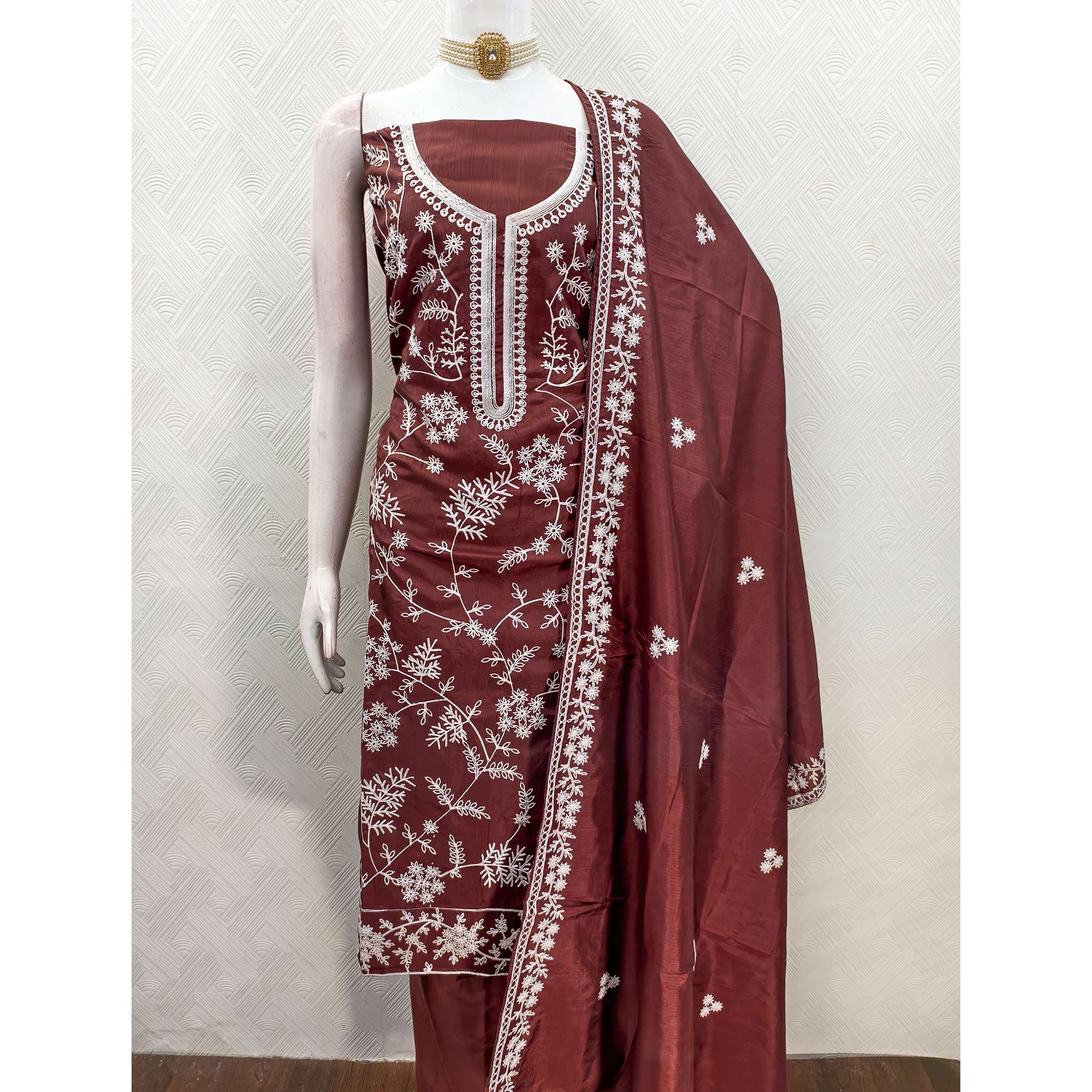Maroon Art Silk Dress Material Adorned With Floral Thread Embroidery Work