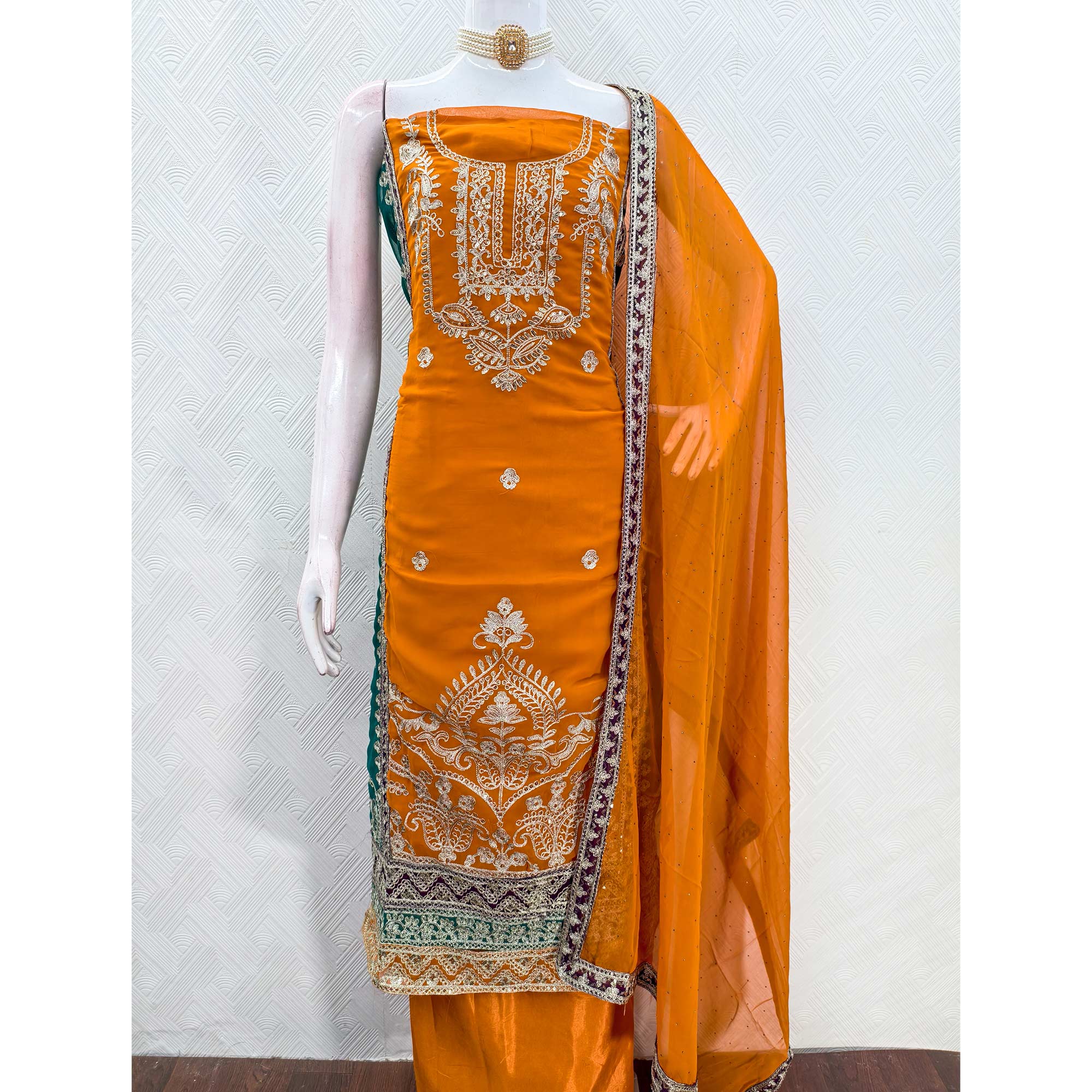 Mustard Georgette Dress Material Featuring Floral Thread Embroidery With Sequins Accents