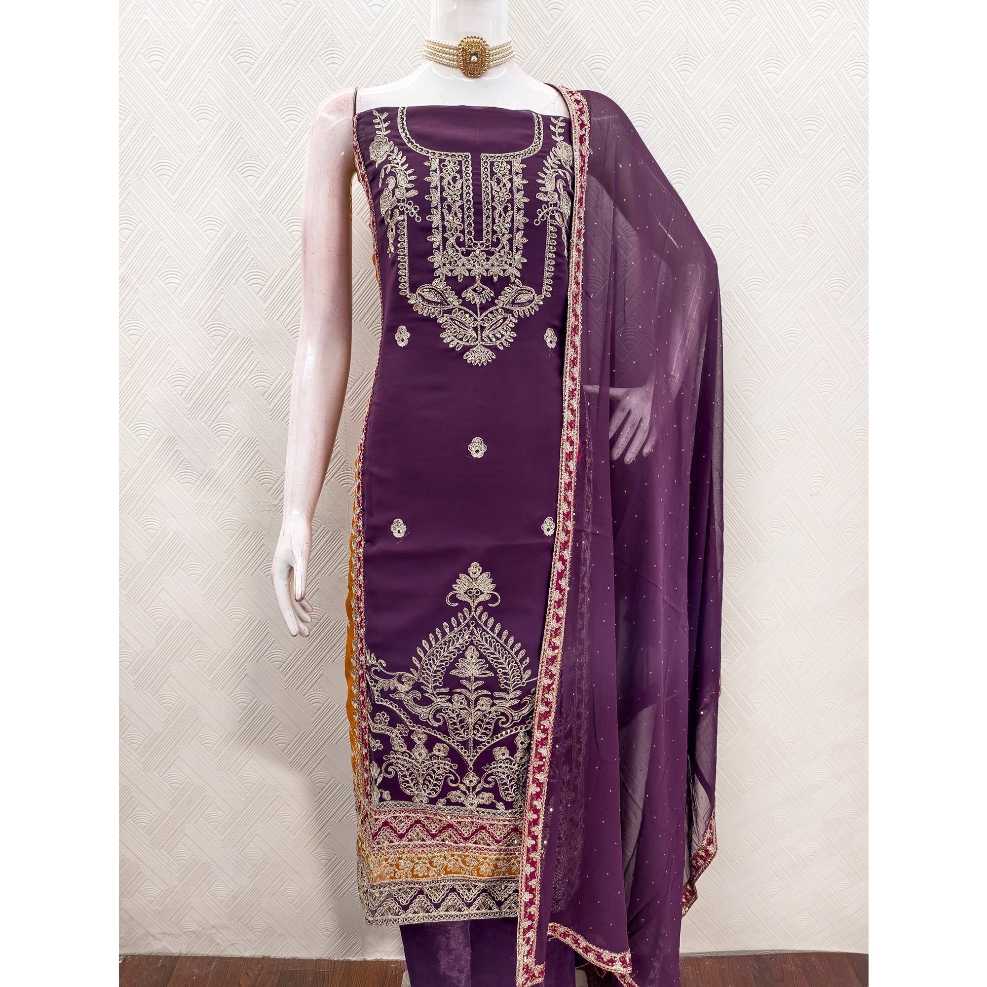 Purple Georgette Dress Material Featuring Floral Thread Embroidery With Sequins Accents