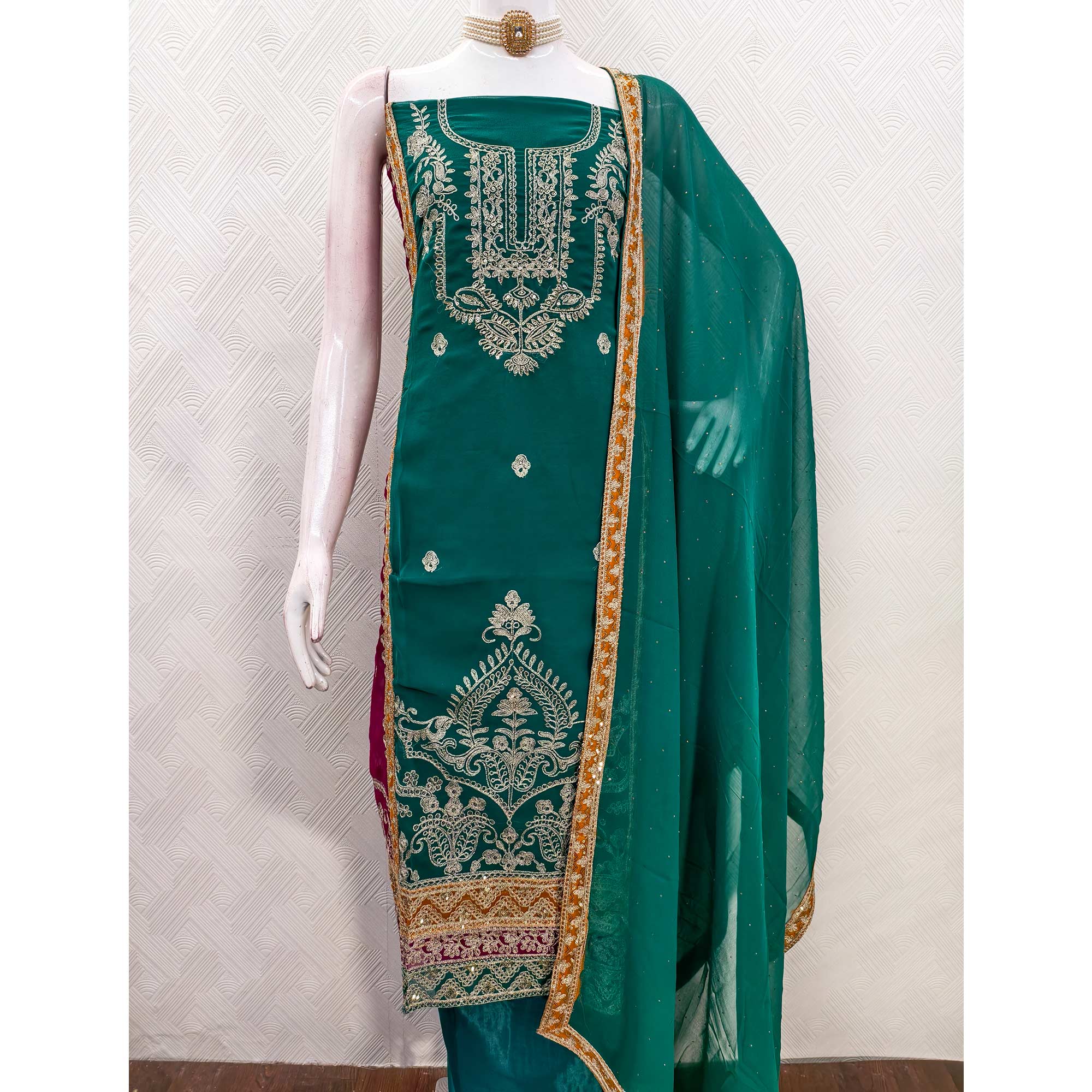 Rama Green Georgette Dress Material Featuring Floral Thread Embroidery With Sequins Accents