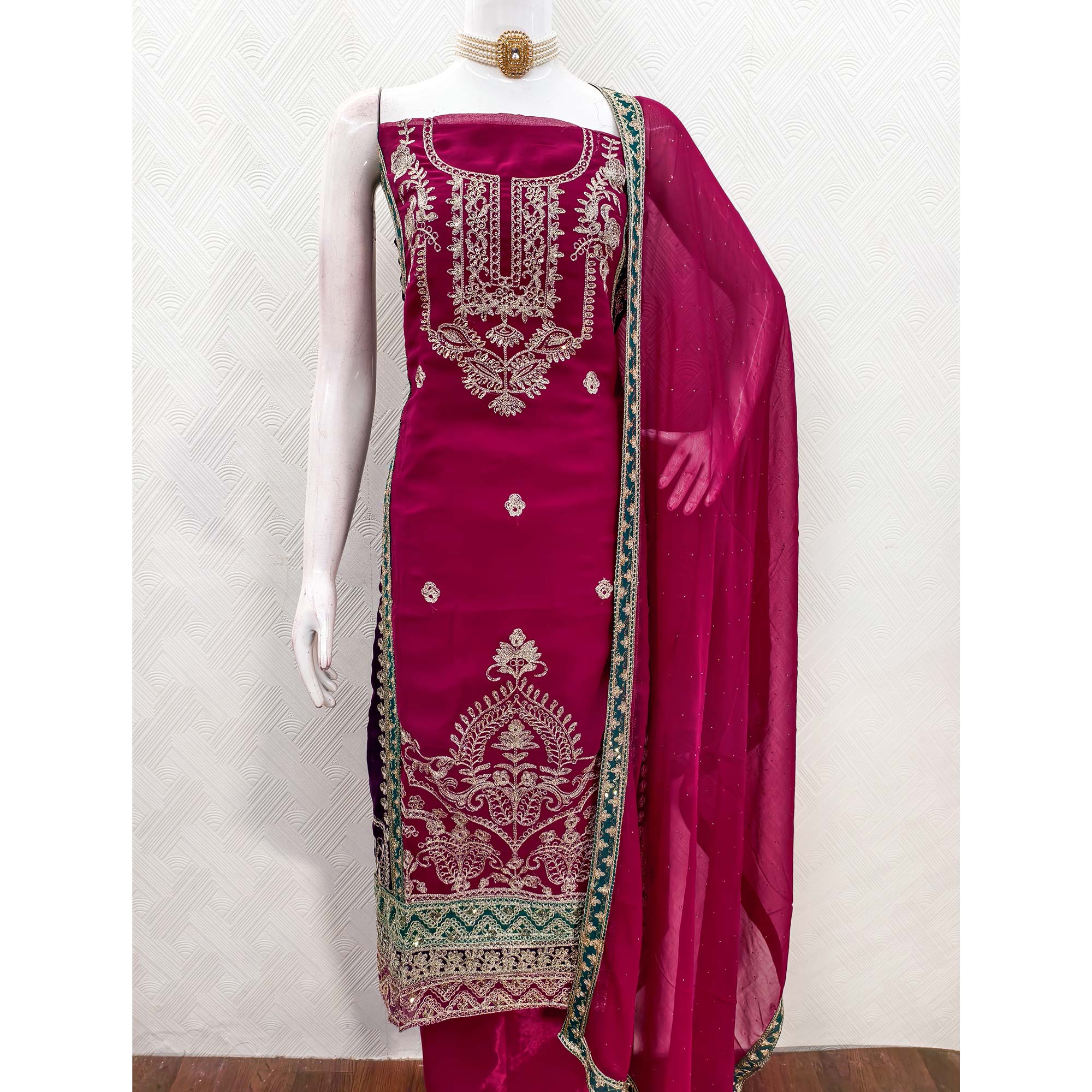 Rani Pink Georgette Dress Material Featuring Floral Thread Embroidery With Sequins Accents