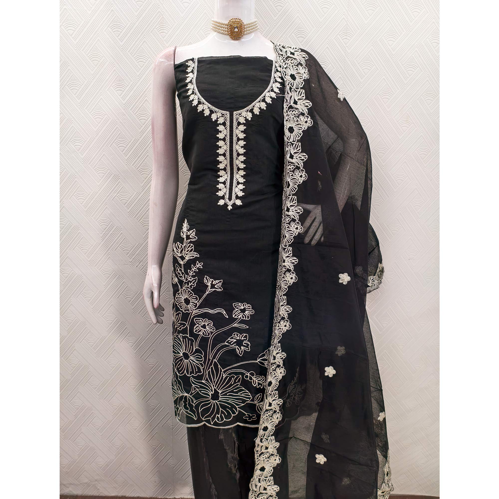 Black Chanderi Silk Dress Material Enhanced With Floral Thread Embroidered Work