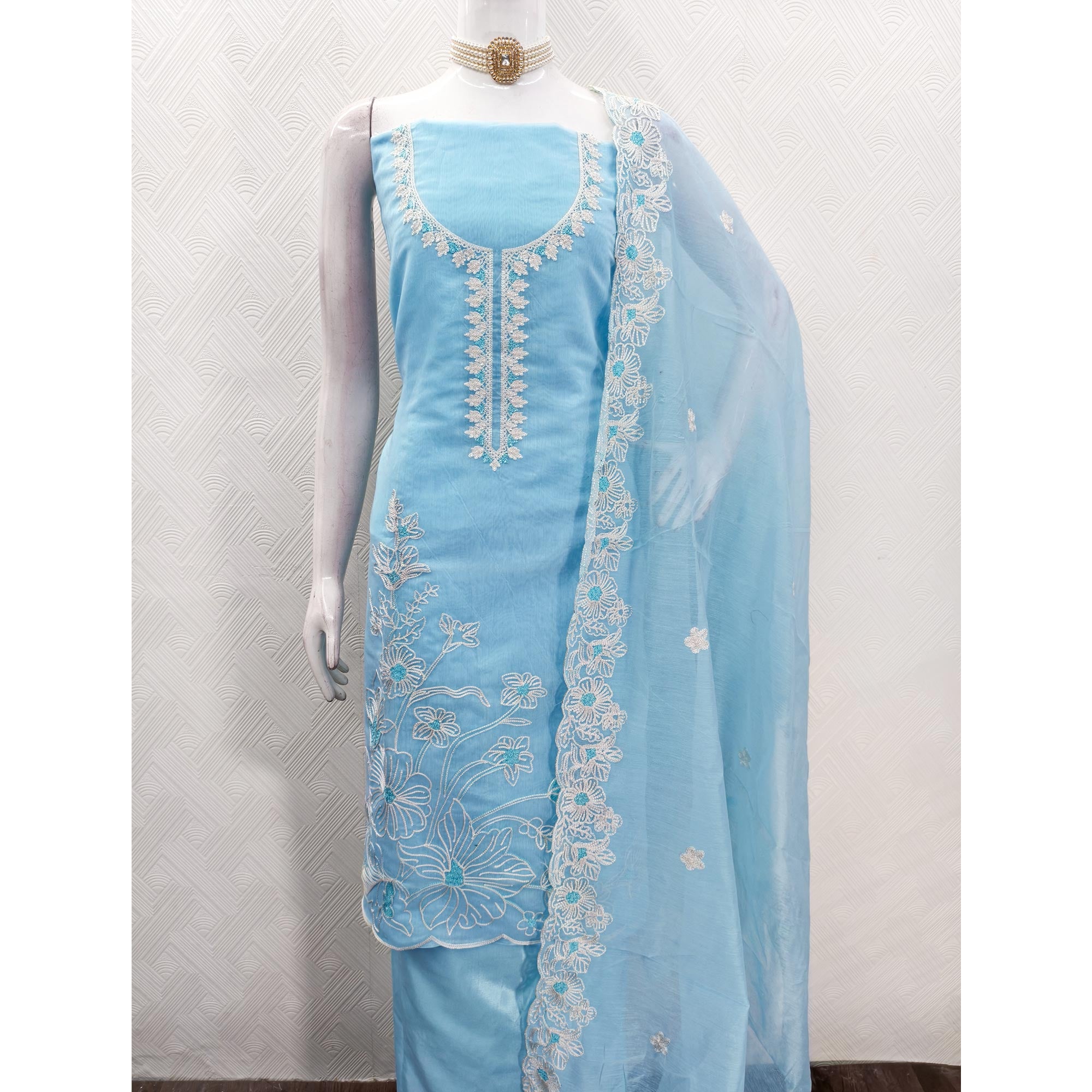 Sky Blue Chanderi Silk Dress Material Enhanced With Floral Thread Embroidered Work