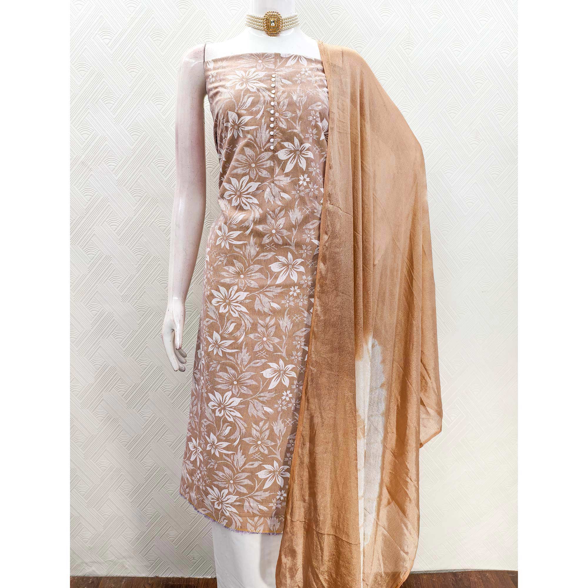 Brown Cotton Blend Dress Material Adorned With Floral Printed Work