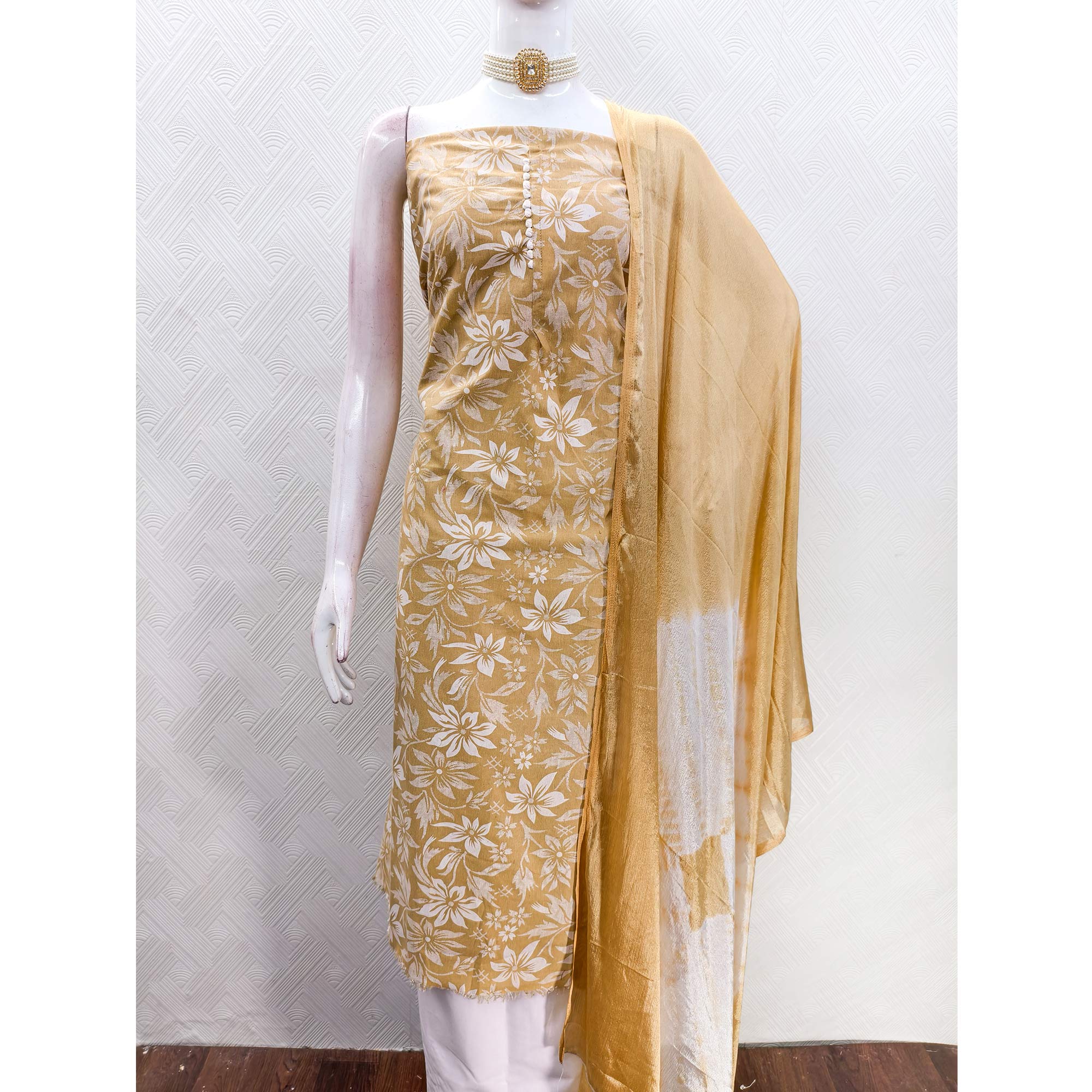 Mustard Cotton Blend Dress Material Adorned With Floral Printed Work