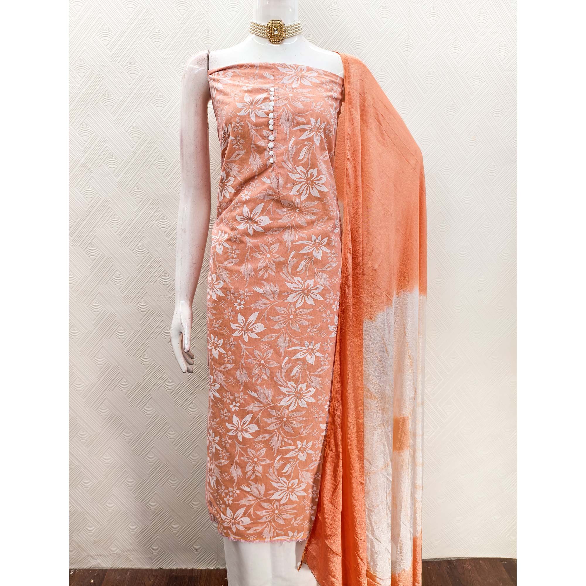 Peach Cotton Blend Dress Material Adorned With Floral Printed Work