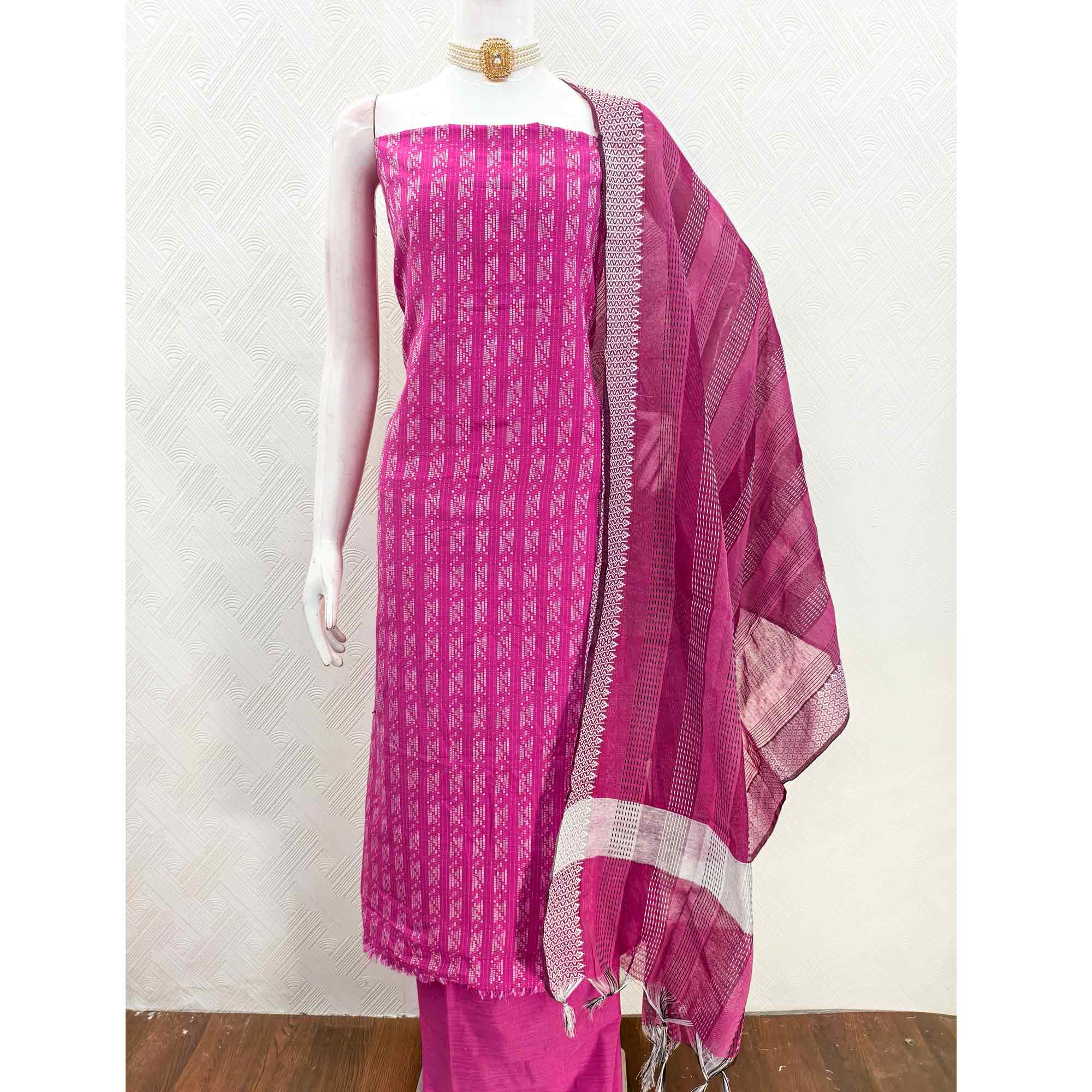 Pink Poly Cotton Blend Dress Material With Striped Pattern Weaving Work