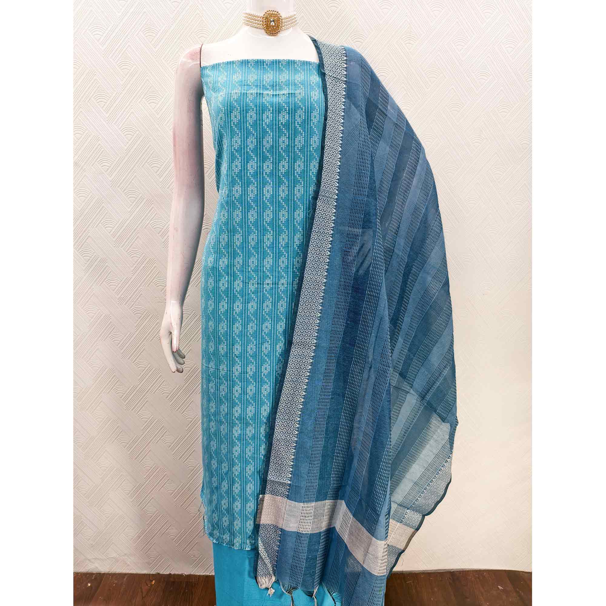 Blue Poly Cotton Blend Dress Material With Striped Pattern Weaving Work