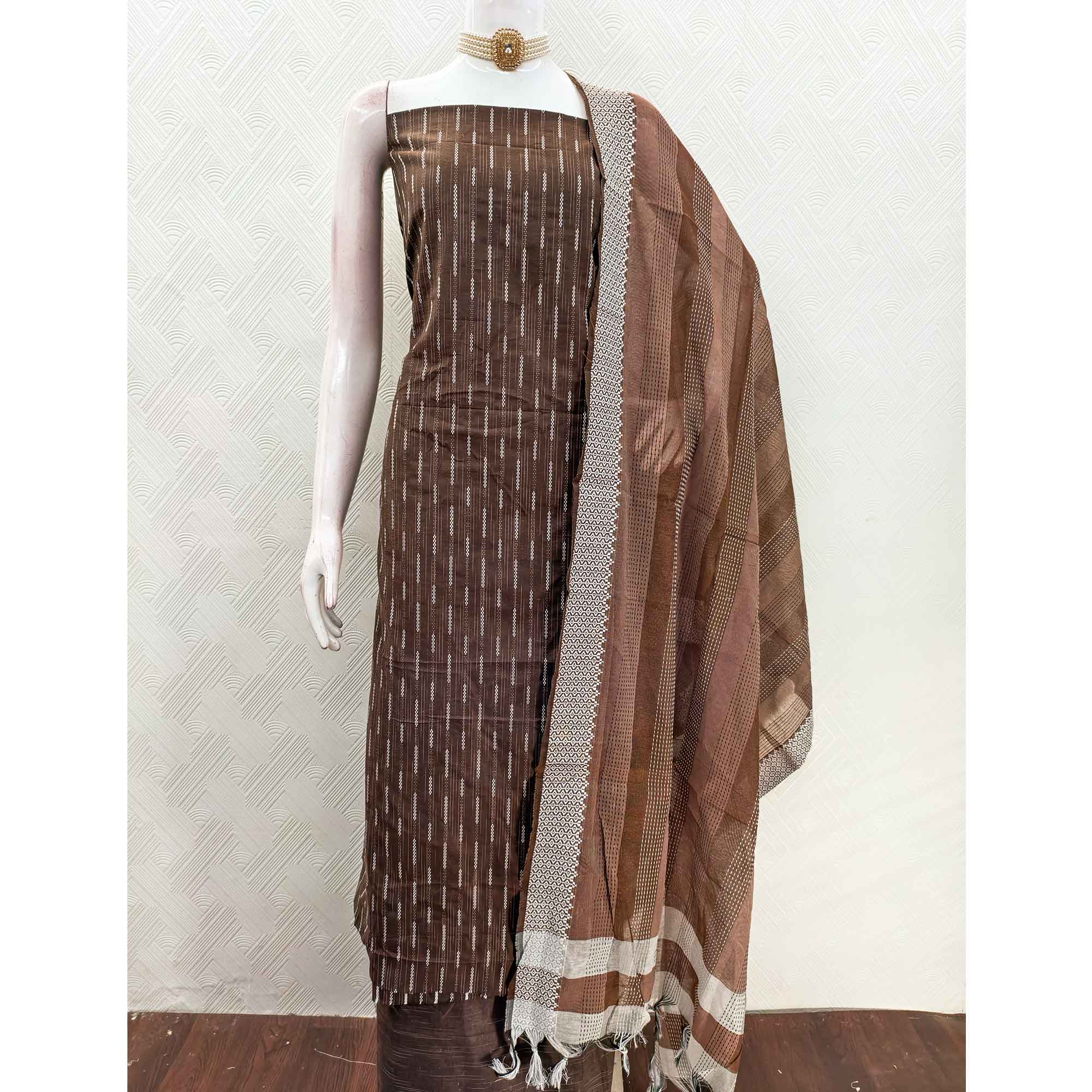 Brown Poly Cotton Blend Dress Material Adorned With Striped Weaving Work