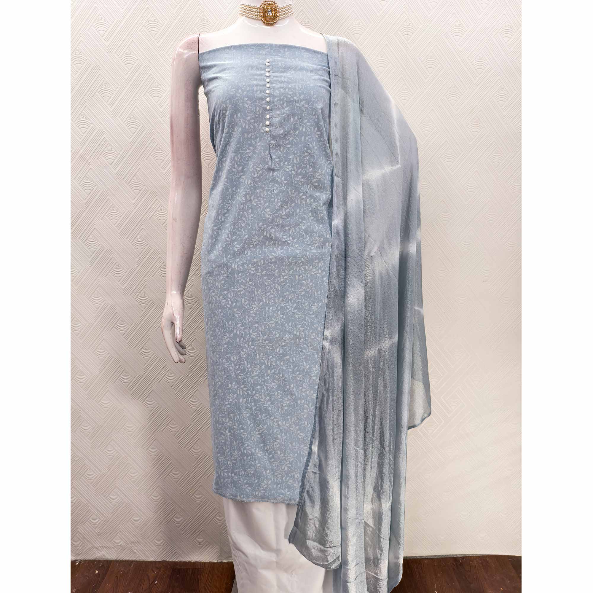 Grey Cotton Blend Dress Material Enhanced With Artistic Floral Printed Work