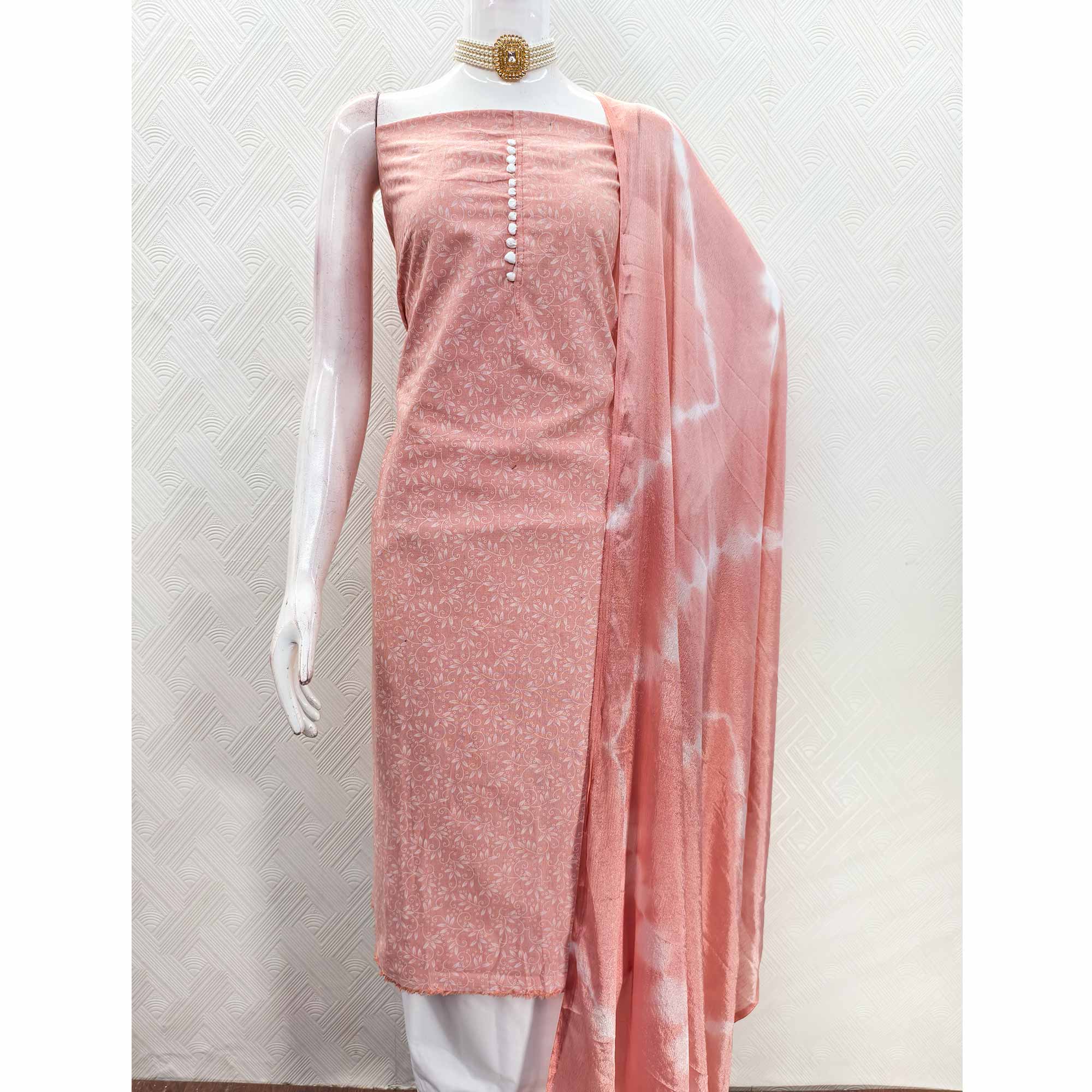 Peach Cotton Blend Dress Material Enhanced With Artistic Floral Printed Work