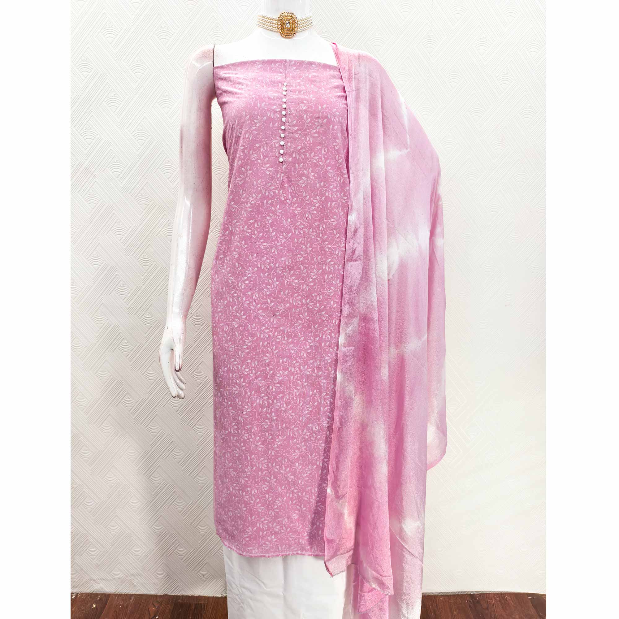 Pink Cotton Blend Dress Material Enhanced With Artistic Floral Printed Work